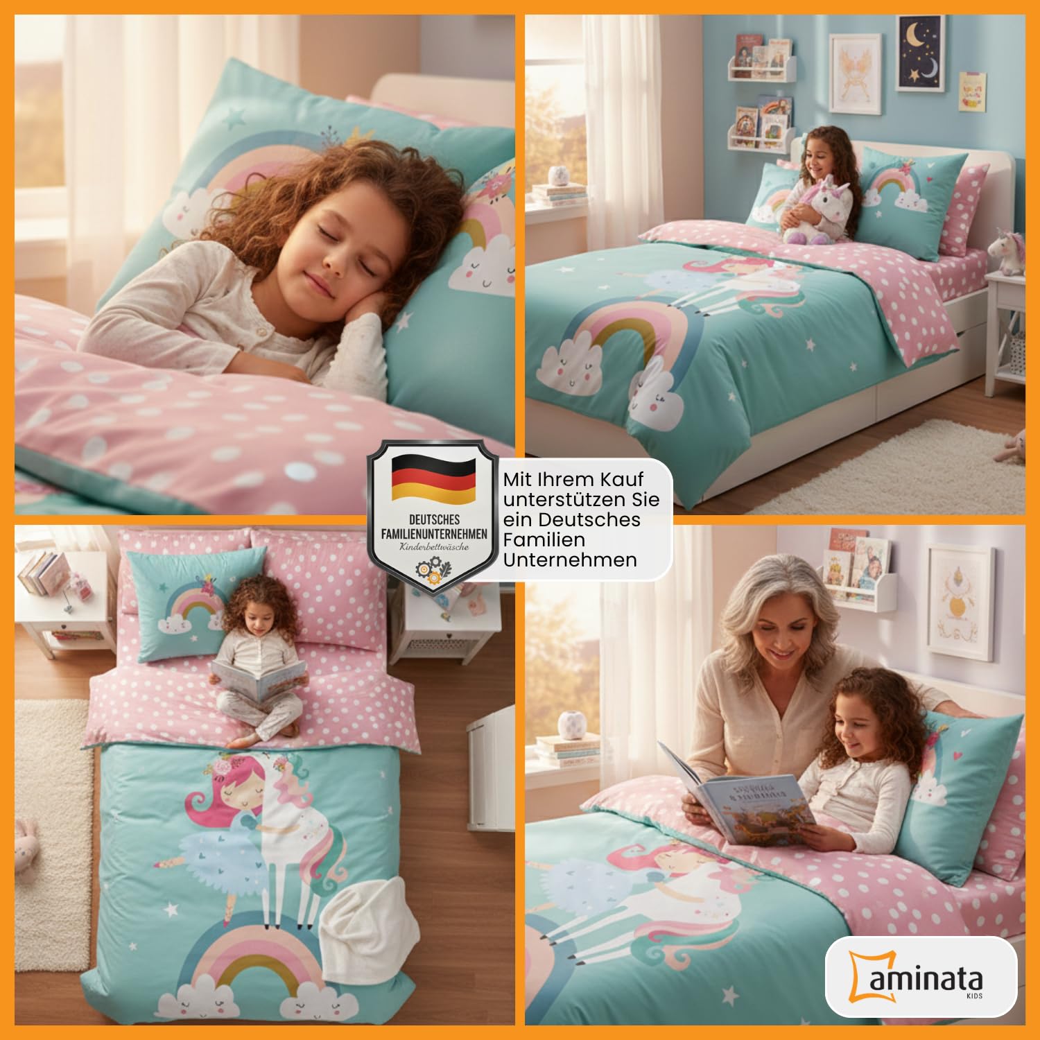 Aminata kids Bettwäsche Kinder 135x200 Mädchen Einhorn Motiv aus 100% Baumwolle mit Reißverschluss - Einhornbettwäsche türkis rosa Regenbogen
