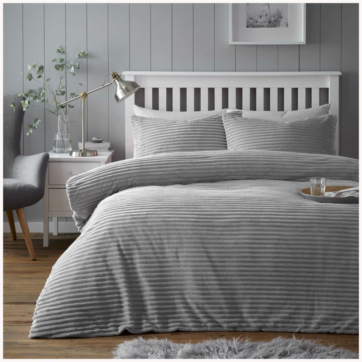 GC GAVENO CAVAILIA Teddy Fleece Duvet Cover Chunky Ribbed Bedding, Double, Silver 663218