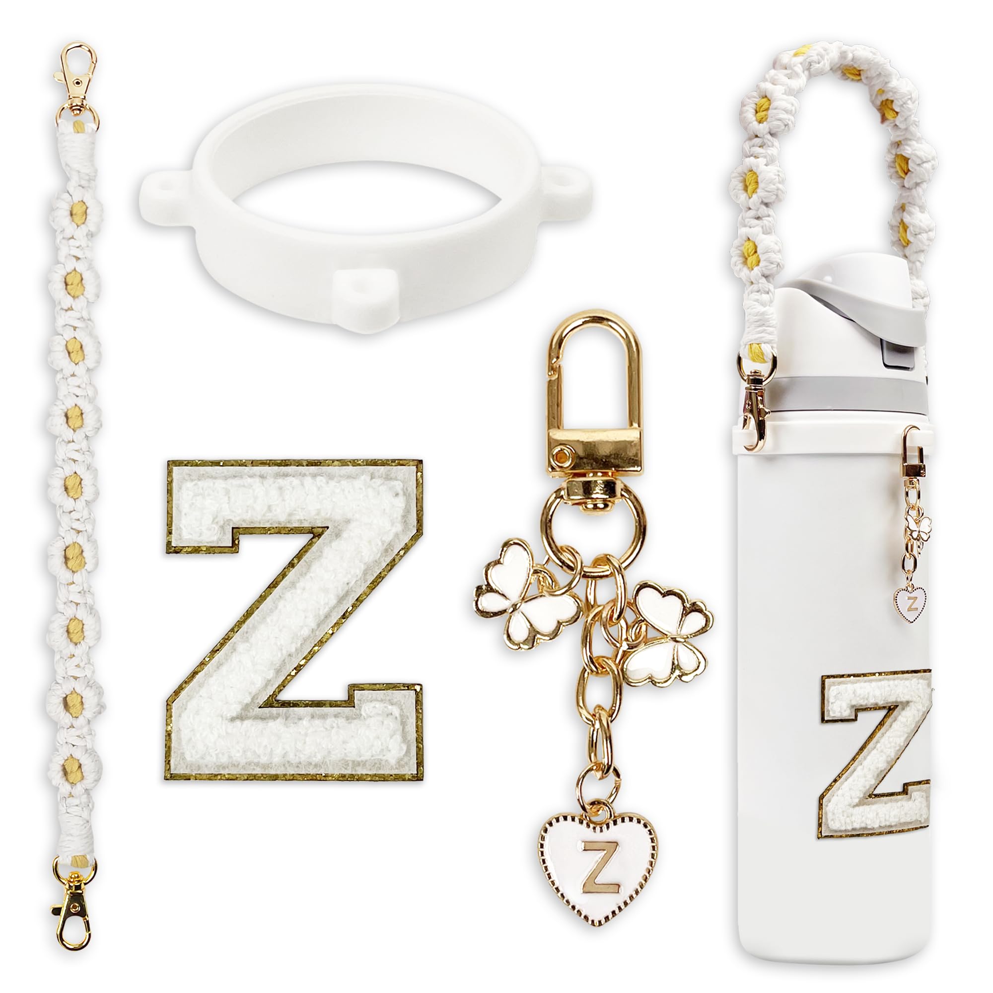 Compatible with Owala Water Bottle Accessories, Cute Letter Charm Set with Boho Handle Strap, Monogram Sticker, Silicone Ring, Keychain Decoration,