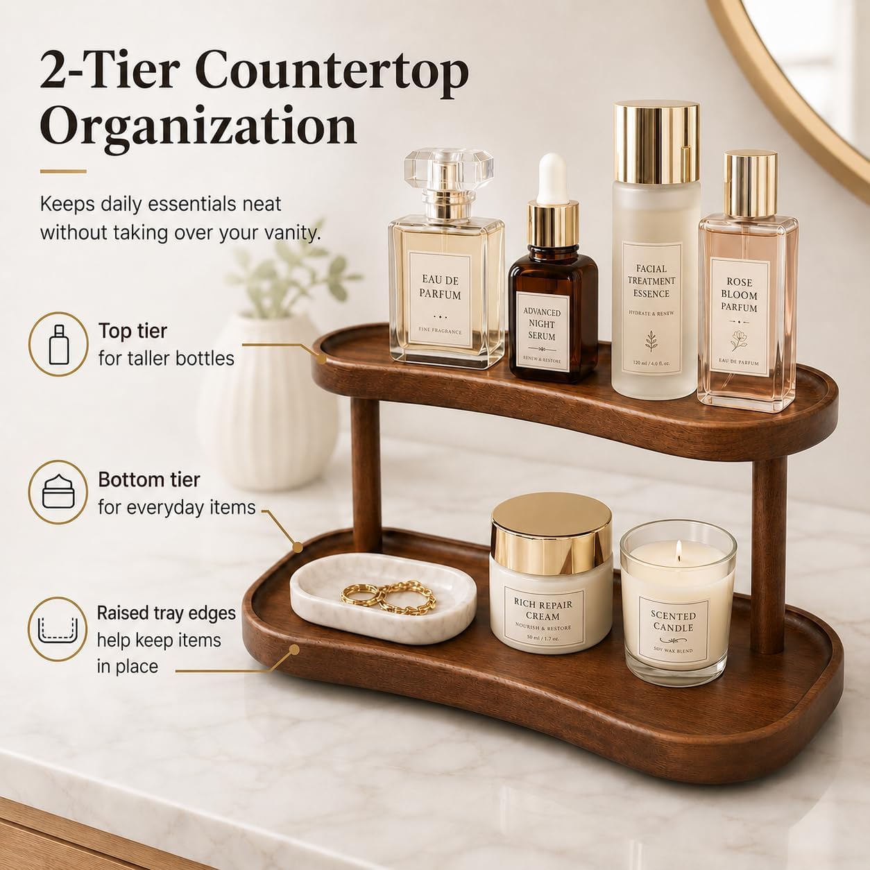 Adkoat® Two Tier Bathroom Desktop Countertop Organizer - Pine Wooden Perfume Vanity Stand Counter Shelf for Cologne Skincare Makeup Dresser Organizer - Matcha Station | Mug Display - 12.6 x 6.3 x 7.5