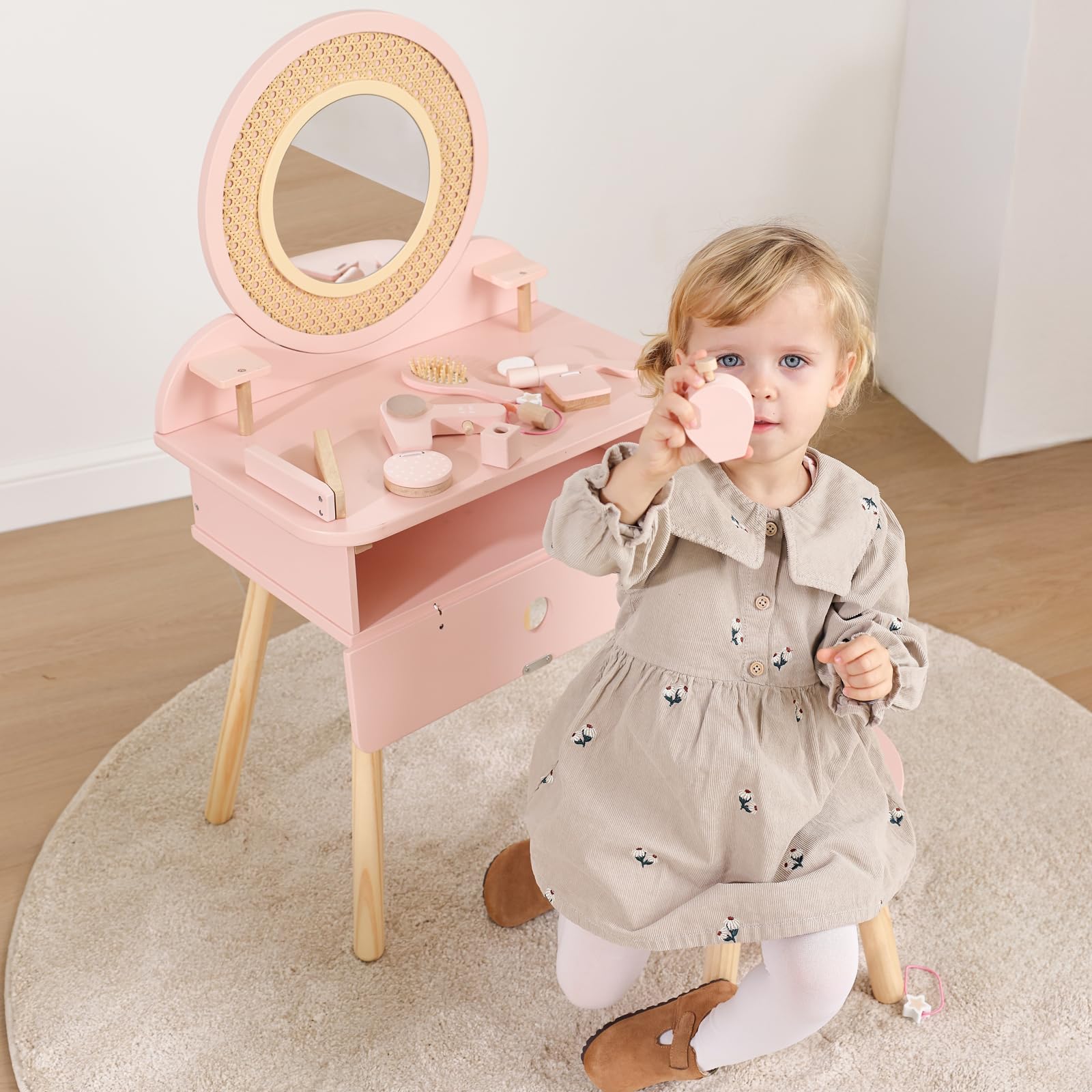 OOOK Schminktisch Kinder, Kinderschminktisch mit Hocker und Spiegel, Mädchen Frisiertisch aus Holz, Kinder Schminktisch für Mädchen ab 3 Jahre, Rosa