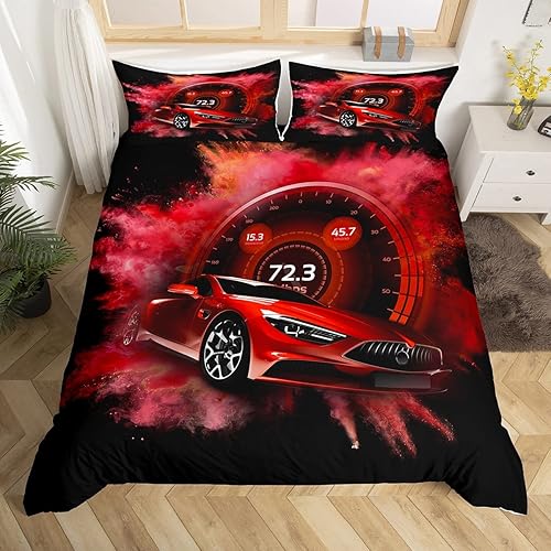 Vista 28 de Erosebridal Funda de edredón roja de coche de carreras para niños y adolescentes, juego de ropa de cama de coche de carreras tamaño Queen, funda