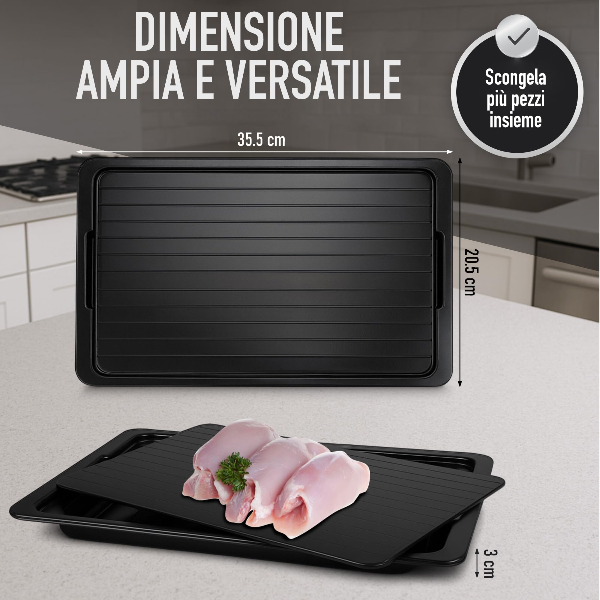 Tavola Sbrinamento Rapido Cibo - Vassoio in Alluminio 35,5 x 20,5 x 0,2 cm con Accessori Spazzola Silicone e Pennello - Piastra per Carne + Pesce + Pollo - Cucina Igienica Riutilizzabile | 3-Stars