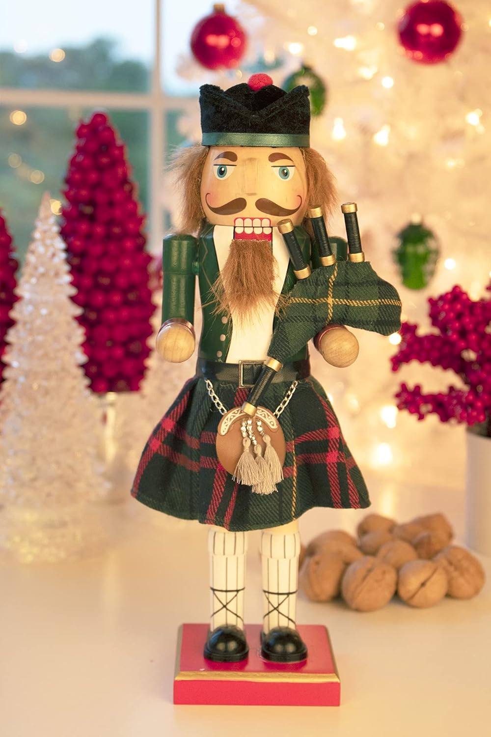 Merry Christmas Co. 14 Inch Traditional Wooden Nutcracker, Festive Holiday Tabletop Décor, Green Scottish