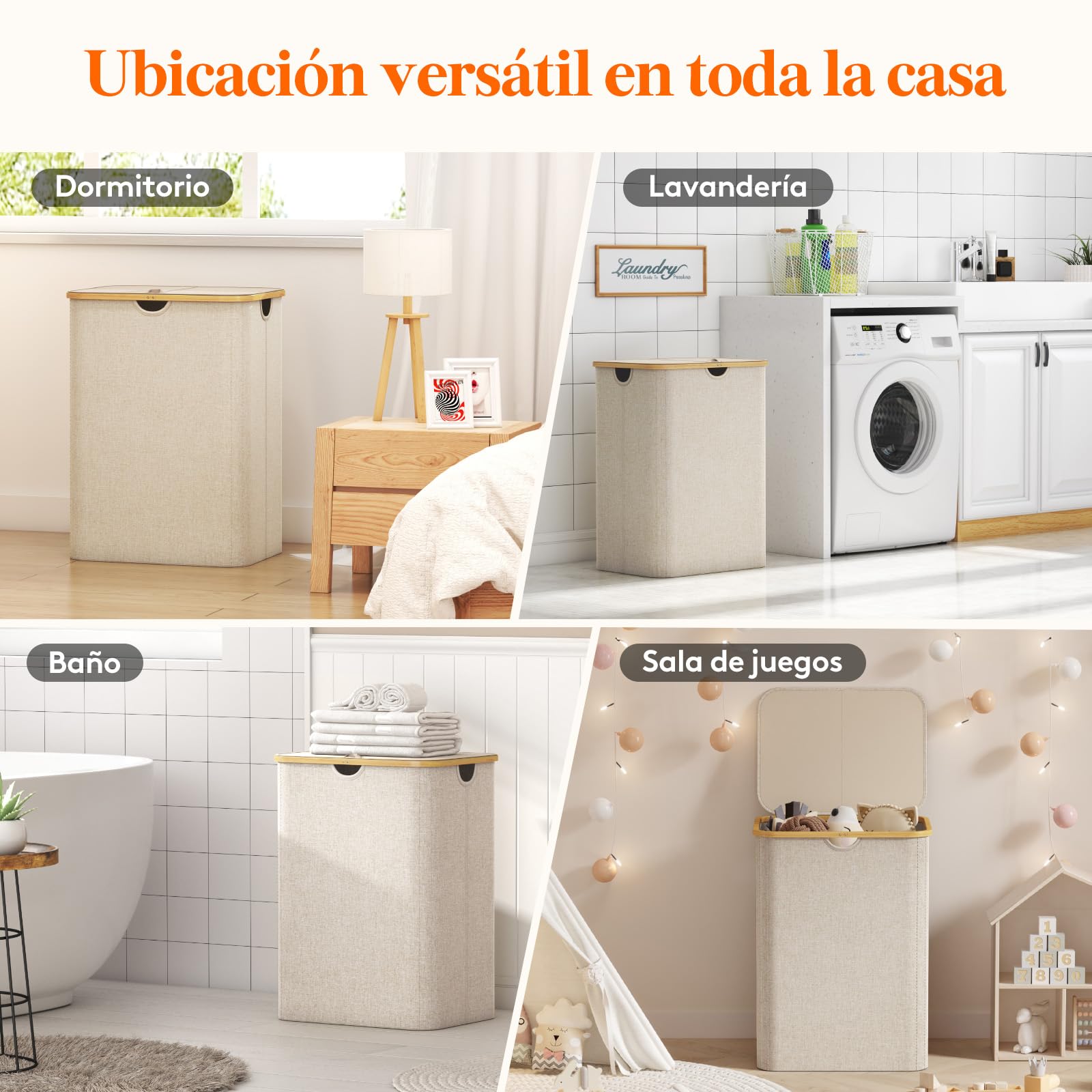 Lifewit 150L Cesto Ropa Sucia con Tapa, Grande Cesta para la Ropa Sucia con 3 Compartimientos y 3 Bolsas, Cubo Ropa Sucia para Dormitorio, Baño y Lavadero, Beige