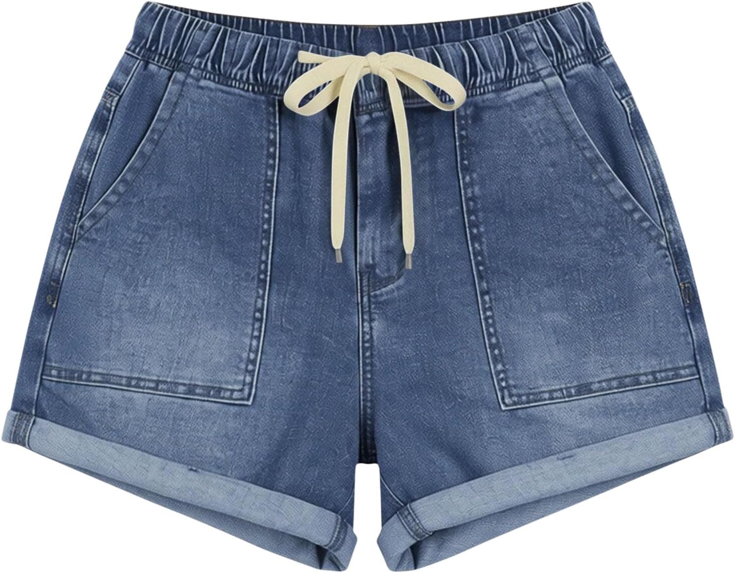 Women's High Waisted Stretchy Wide Leg Denim Shorts Casual Summer Cuffed Drawstring Loose Fit Basic Jean Shorts