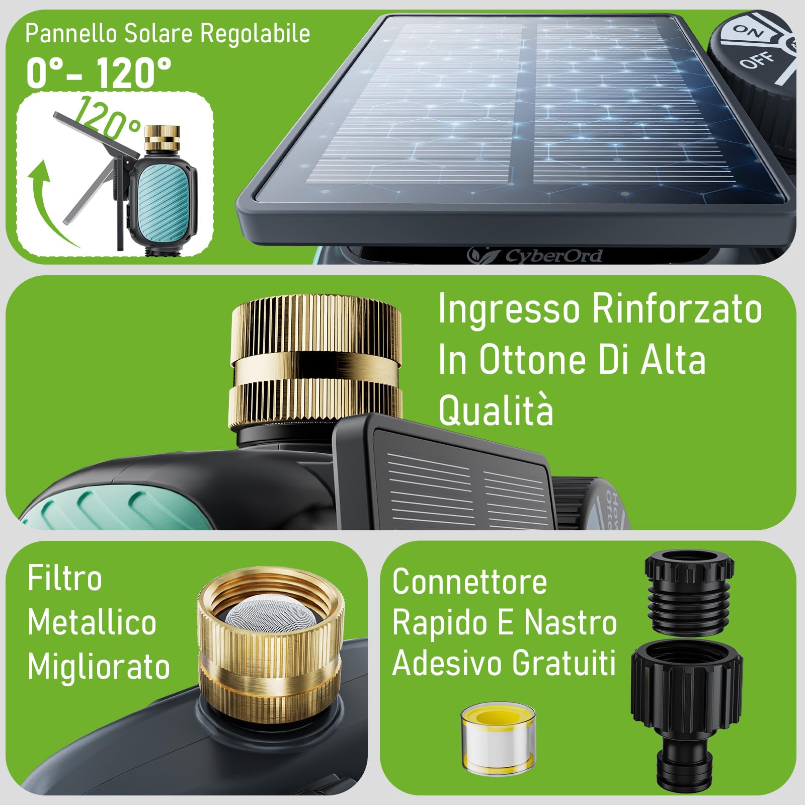 Timer per Irrigazione Solare CyberOrd a 2 Zone, Centralina Irrigazione con Ricarica Solare, Programmatore di Irrigazione con Modalità Auto/Manuale/Ritardo Pioggia per Prato/Patio/Giardino