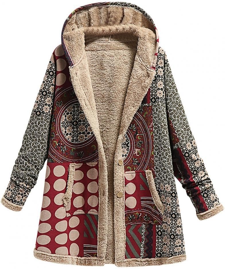 OSCORP Women’s Patchwork, Floral, and Folk Art Print Hooded Coats Cozy Plush Sherpa Lined Jackets for Fall and Winter Comfort