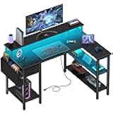 Lufeiya L Shaped Gaming Desk with Fabric Drawers and Storage Shelves, 47 inch Home Office Desk with Monitor Stand, Computer Desk with LED Lights and Power Outlets, Black