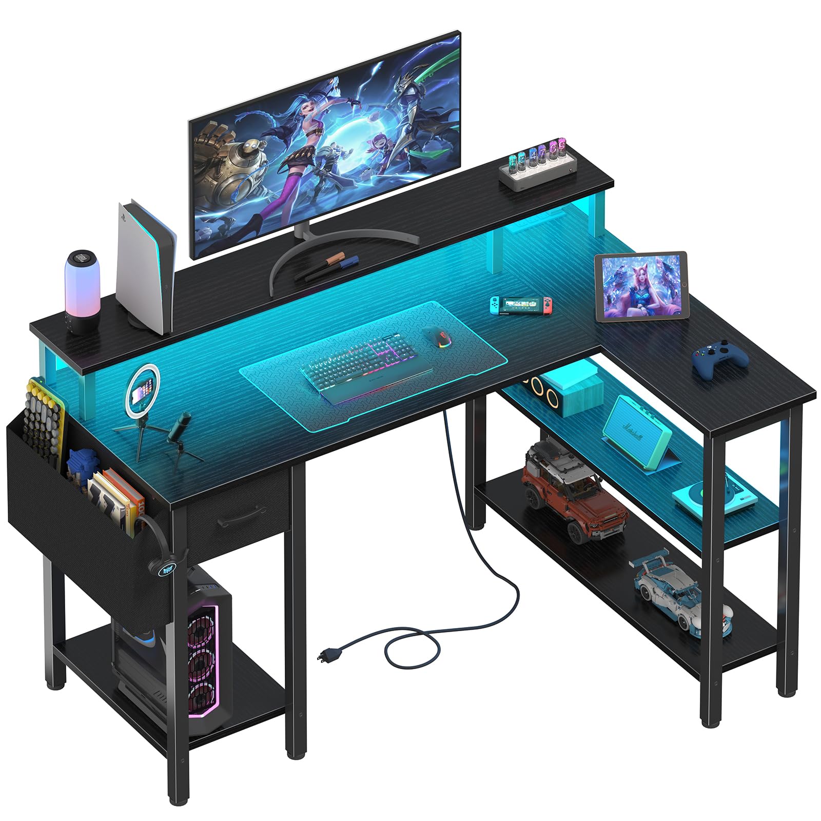Lufeiya L Shaped Gaming Desk with Fabric Drawers and Storage Shelves, 47 inch Home Office Desk with Monitor Stand, Computer Desk with LED Lights and