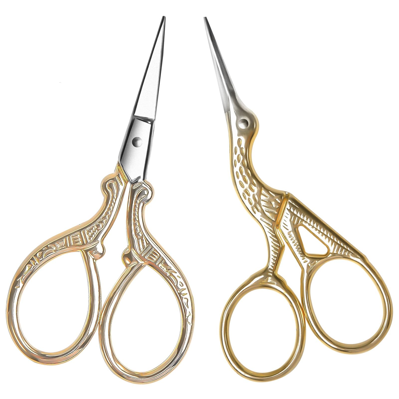 AQUEENLY Embroidery Scissors, Stainless Steel Sharp Stork Scissors for Sewing Crafting, Art Work, Threading, Needlework - DIY Tools Dressmaker Small Shears - 2 Pcs (3.6 Inches, Gold)