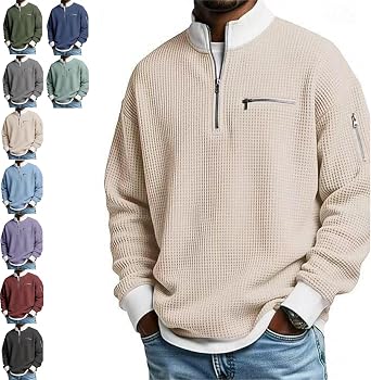2026 Mens Casual Fashion up Collar Contrasting Zipper Sweatshirt, Mens Daily Loose and Simple Waffle Pullover