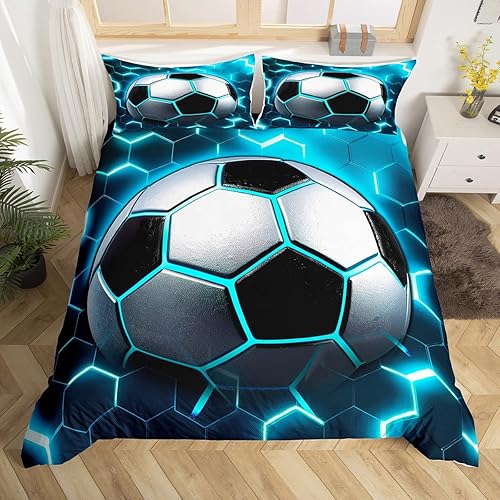Miniatura 3 de Erosebridal Juego de funda de edredón de fútbol para niños, juego de ropa de cama de fútbol individual, funda de edredón de nido de abeja azul