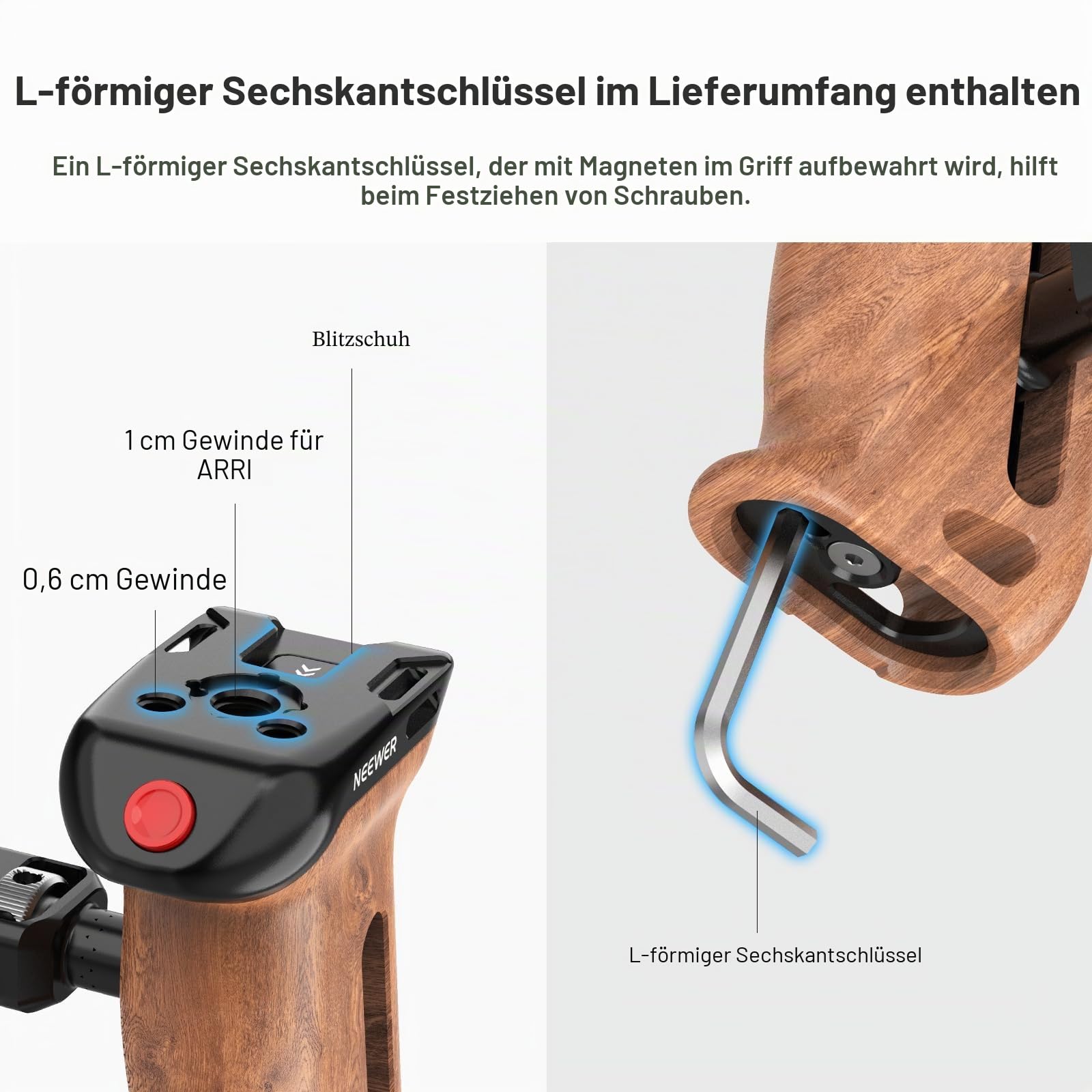NEEWER Side Handle Holz Seitengriff mit Fernauslöser für Aufnahme Start/Stopp, NATO Klemme 1/4" und 3/8" Gewinde vertikale Einstellung Kompatibel mit SmallRig Camera Cage Sony Fujifilm Panasonic CA123