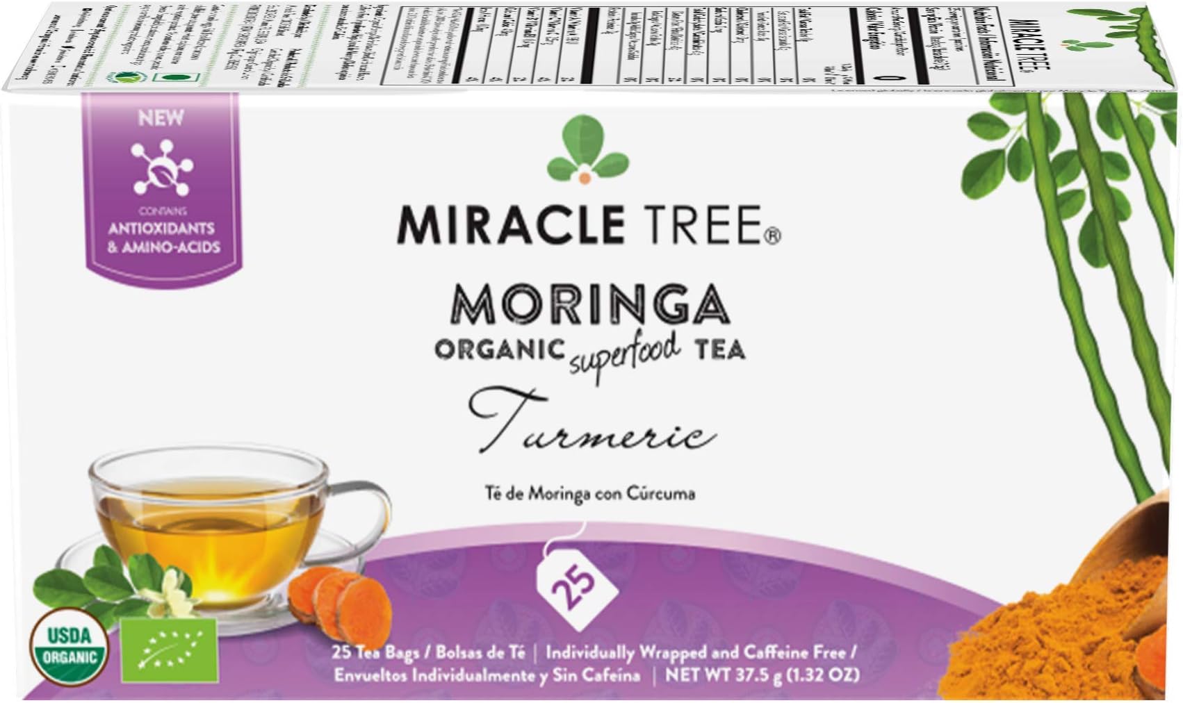 Miracle Tree - Organic Moringa Superfood Tea, 25 Individually Sealed Tea Bags, Turmeric (Keto, Detox, Energy & Immunity Booster, Vegan, Gluten-Free, Organic, Non-GMO, Caffeine-Free)
