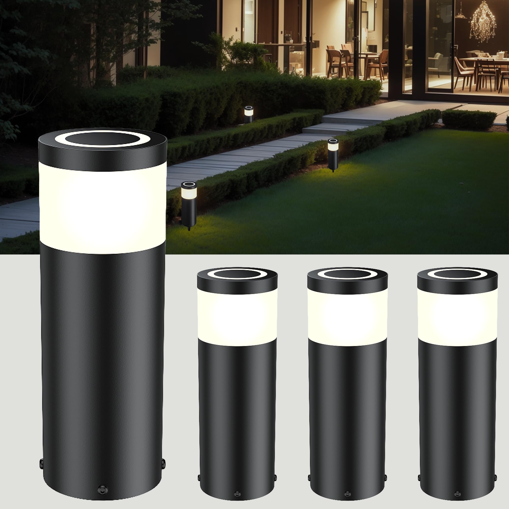 JNR 4 Pack Edelstahl Wegeleuchten Außen mit Erdspieß 230V, Schwarz 4 Pack | IP65 Wasserdicht, Höhe 290 mm 5w 3000k warmweiß COB LED, Wegleuchte, Gartenbeleuchtung, Gartenlampen, Gartenleuchten