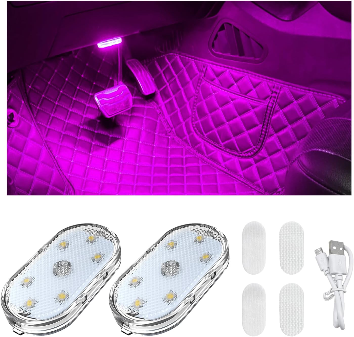 Wevdn 2 PCS Car LED Lights Interior Wireless, Sticky Car Ambient Lighting with 6 Bright LED Lamp Beads, Portable USB Rechargeable Vehicle Interior Led Night Light for Car (Pink)