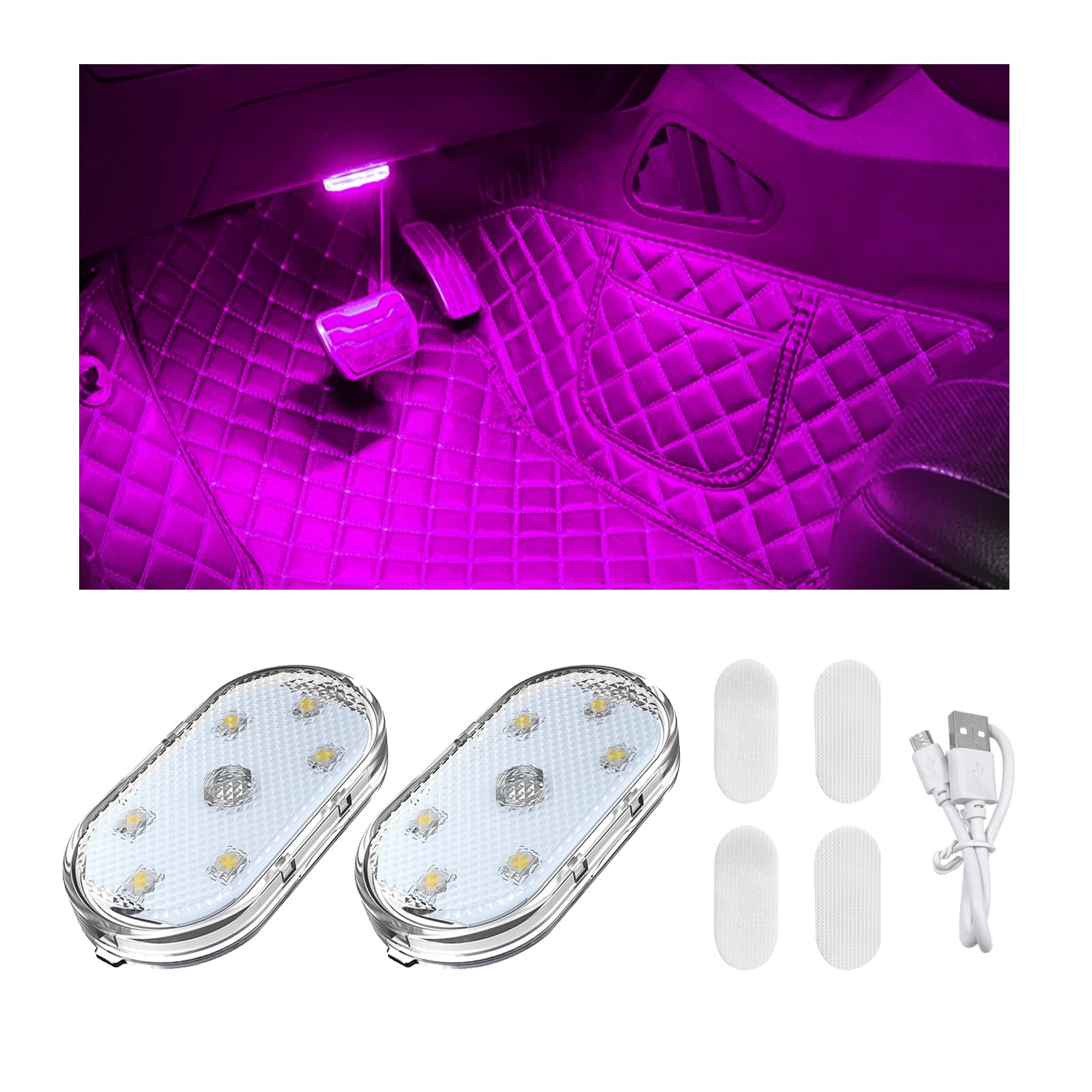 2 PCS Car LED Lights Interior Wireless, Sticky Car Ambient Lighting with 6 Bright LED Lamp Beads, Portable USB Rechargeable Vehicle Interior Led Night Light for Car (Pink)