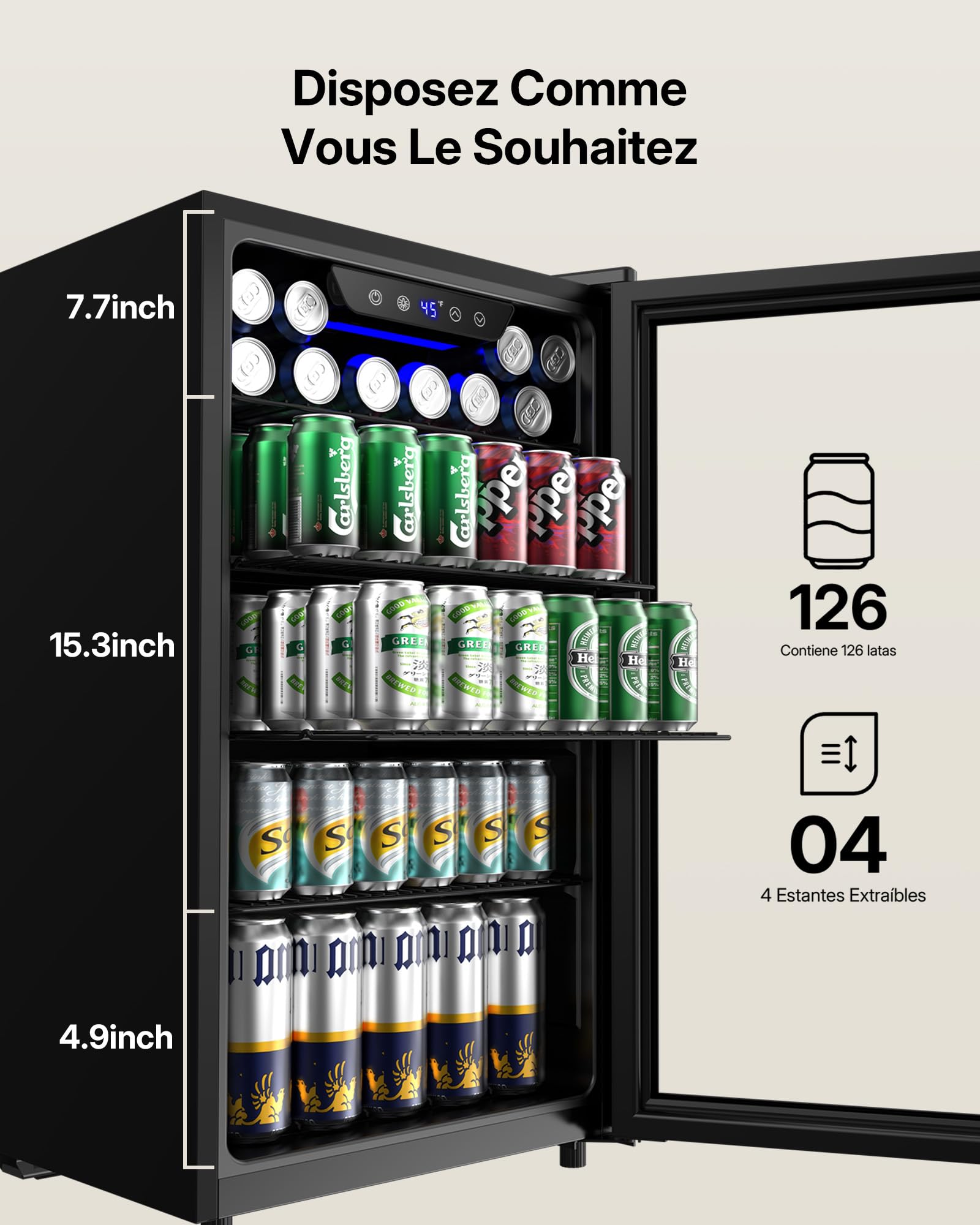 Upstreman Frigorífico de Bebidas 91 L, Mini Nevera con Puerta de Vidrio Doble, Iluminación LED, 4 Estantes Ajustables, 0-15℃, para 126 Latas, Nevera Pequeña para Refrescos, Cerveza y Vino