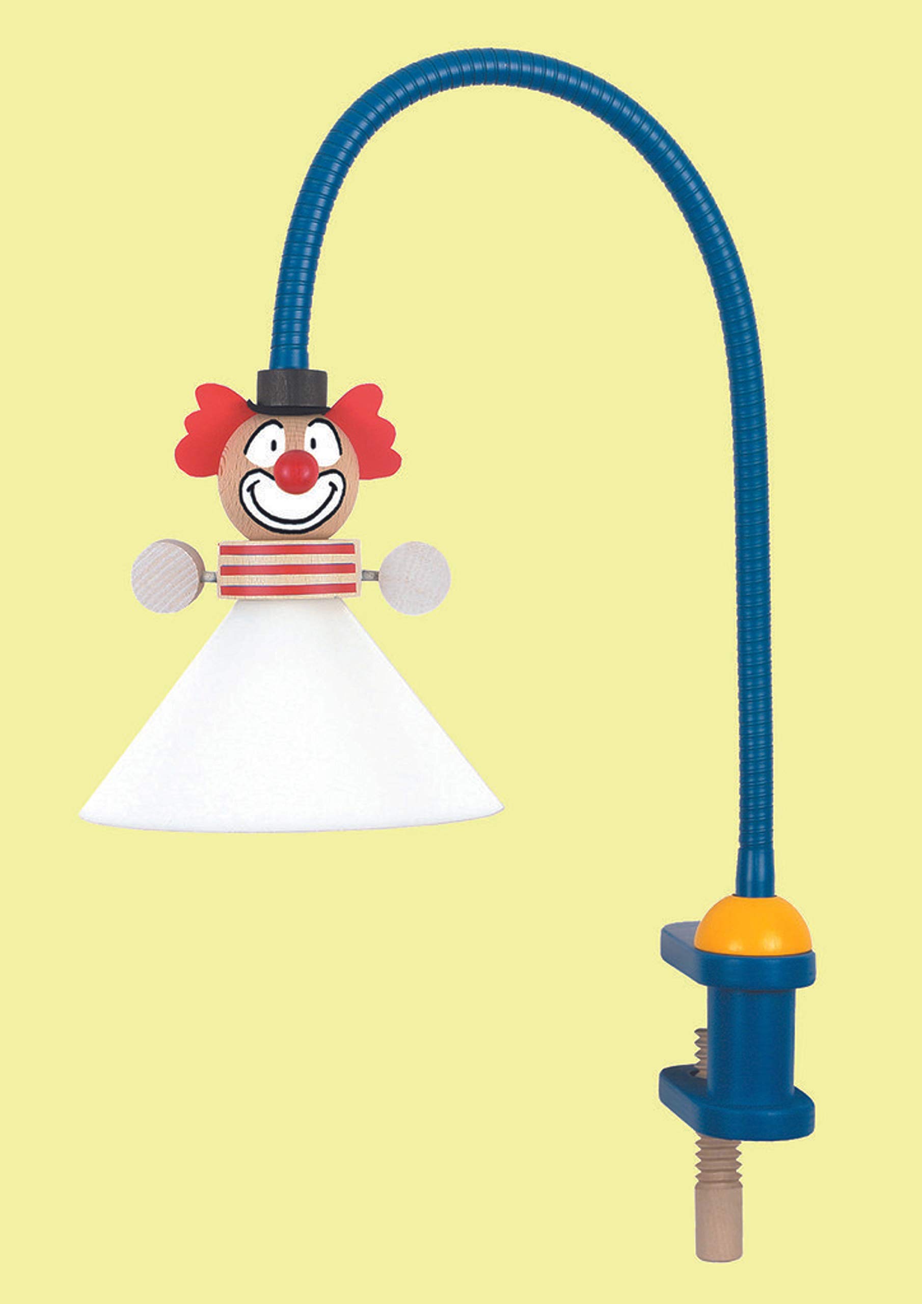 Niermann-Standby 233 - Klemmleuchte Clown Flexrohr ca. 50 cm, Klemme aus Holz, Schirm aus Bruchsicheren Polycarbonat, 1 x G4, Schukostecker mit Zwischenschalter