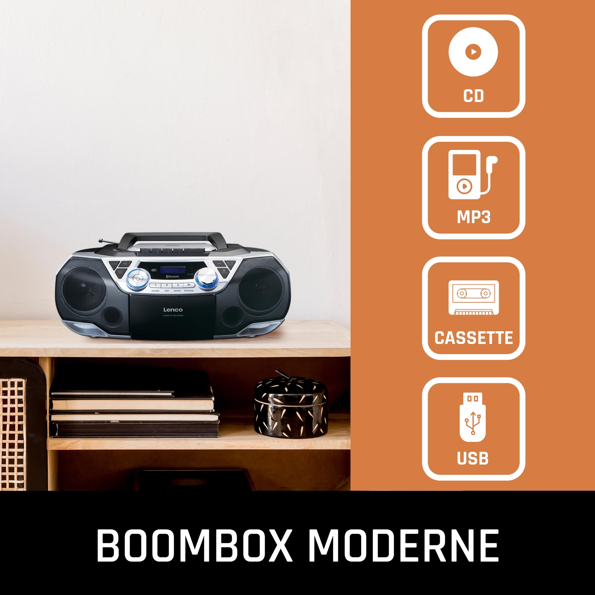 Lenco SCD-720 Lecteur CD, Dab+, Lecteur CD Portable, CD Player, Boombox, Bluetooth 5.0, Lecteur CD/MP3, Lecteur de Cassettes, Radio FM, Port USB, 2 x 6 W RMS et Bass Reflex, télécommande, Argent