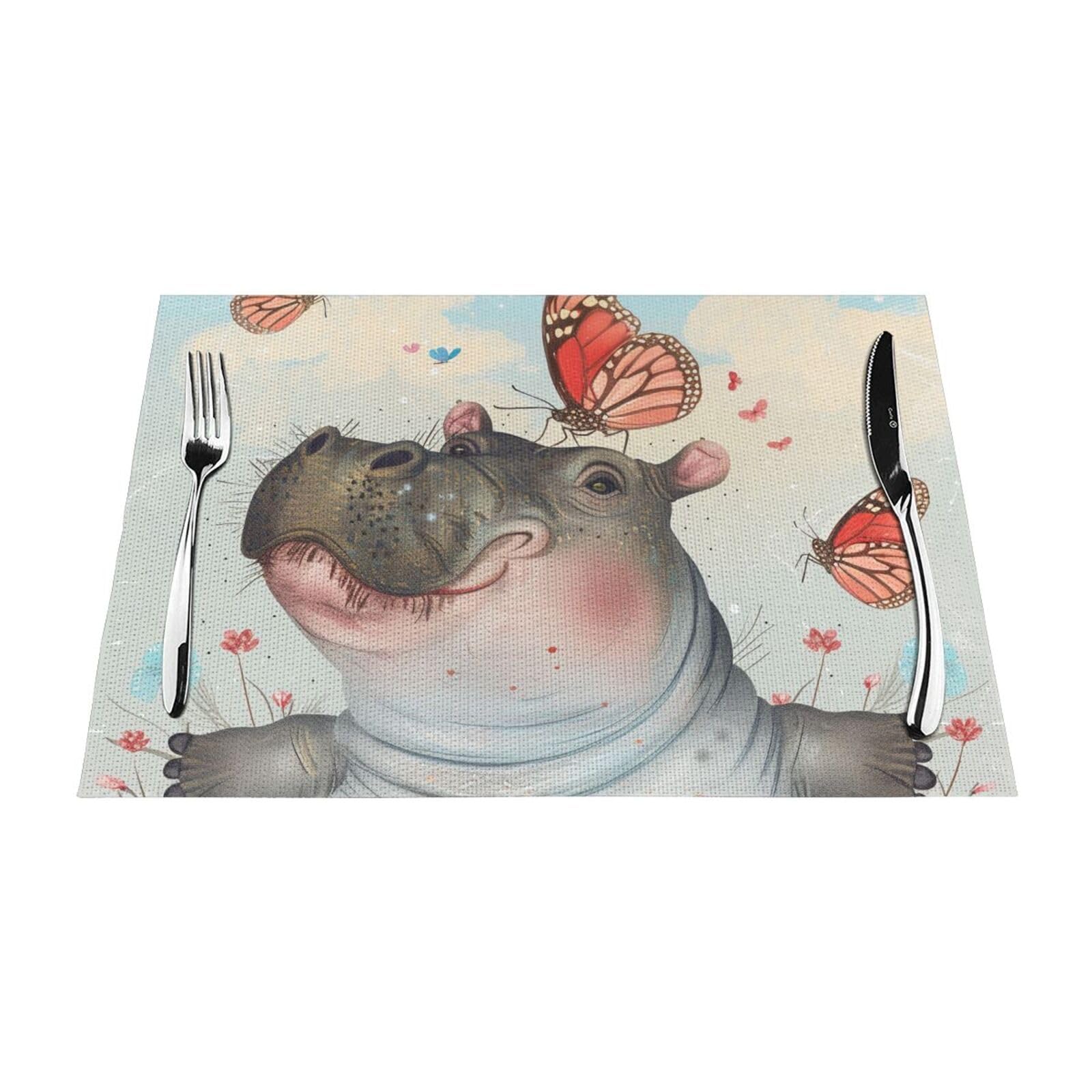 Butterfly and Hippo Printed PVC Placemat 4 PCS for Kitchen Dining Table Heat-resistand Washable Table Mats 18x12 in