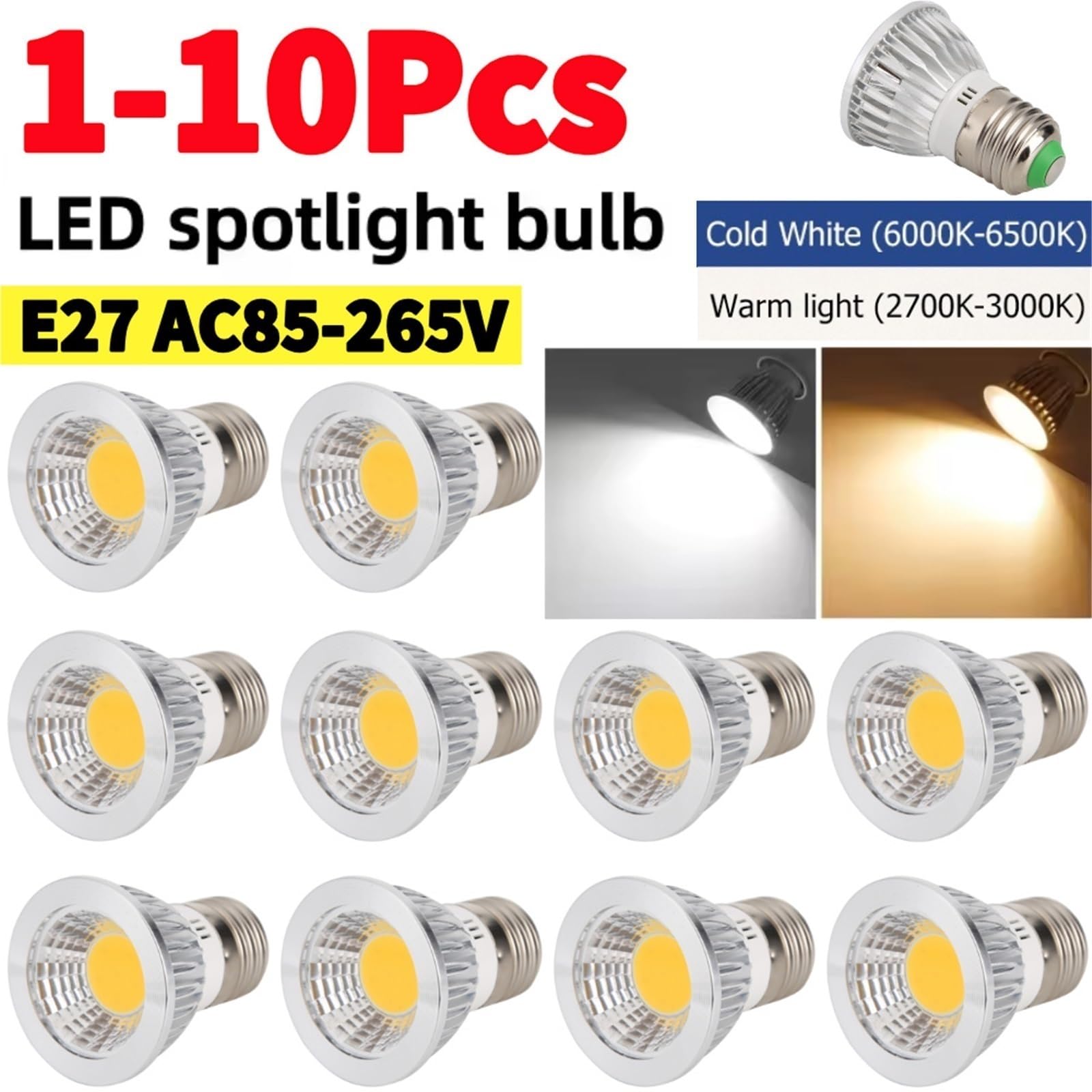 1-10 Stücke COB Strahler Birne E27 AC85-265V 9 Watt LED Lampe Licht Warmweiß/Kaltweiß LED Glühbirne COB Deckenstrahler Lampada(6Pcs Warm White,10W)