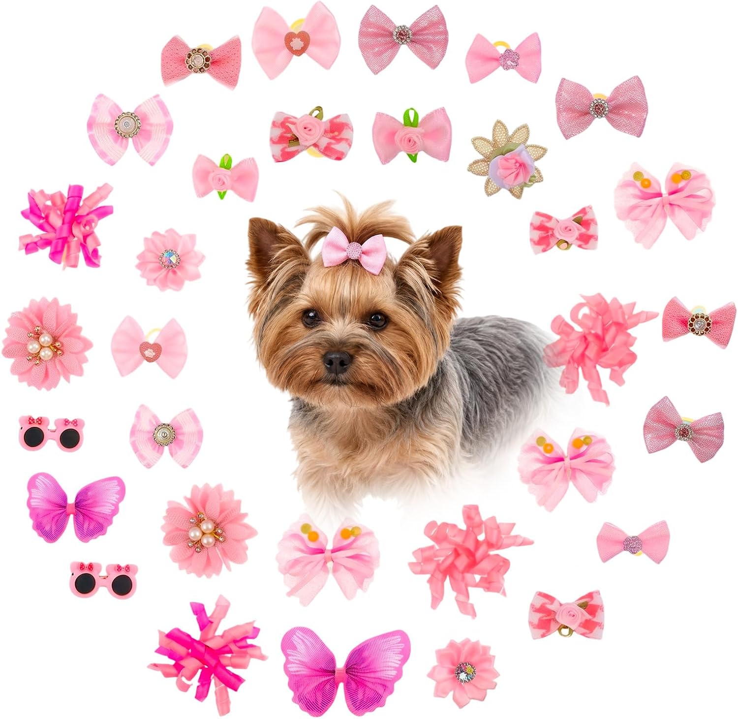30PCS Dog Hair Bows with Elastic Rubber Bands Cute Pink