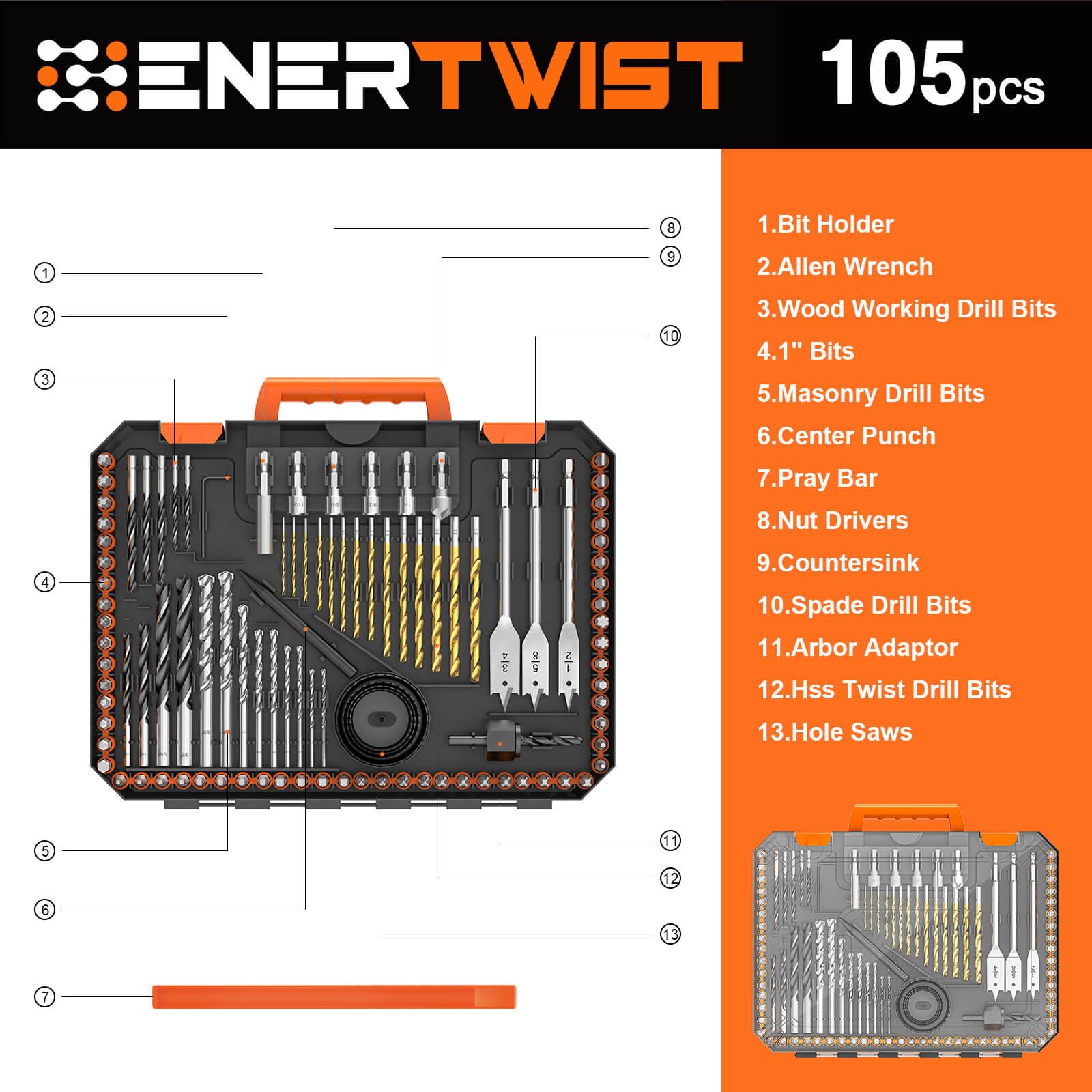 ENERTWIST Juego de 105 brocas de acero al carbono con revestimiento de titanio HSS, brocas para carpintería, sierras perforadoras y puntas de destornillador para madera, metal, cemento en estuche