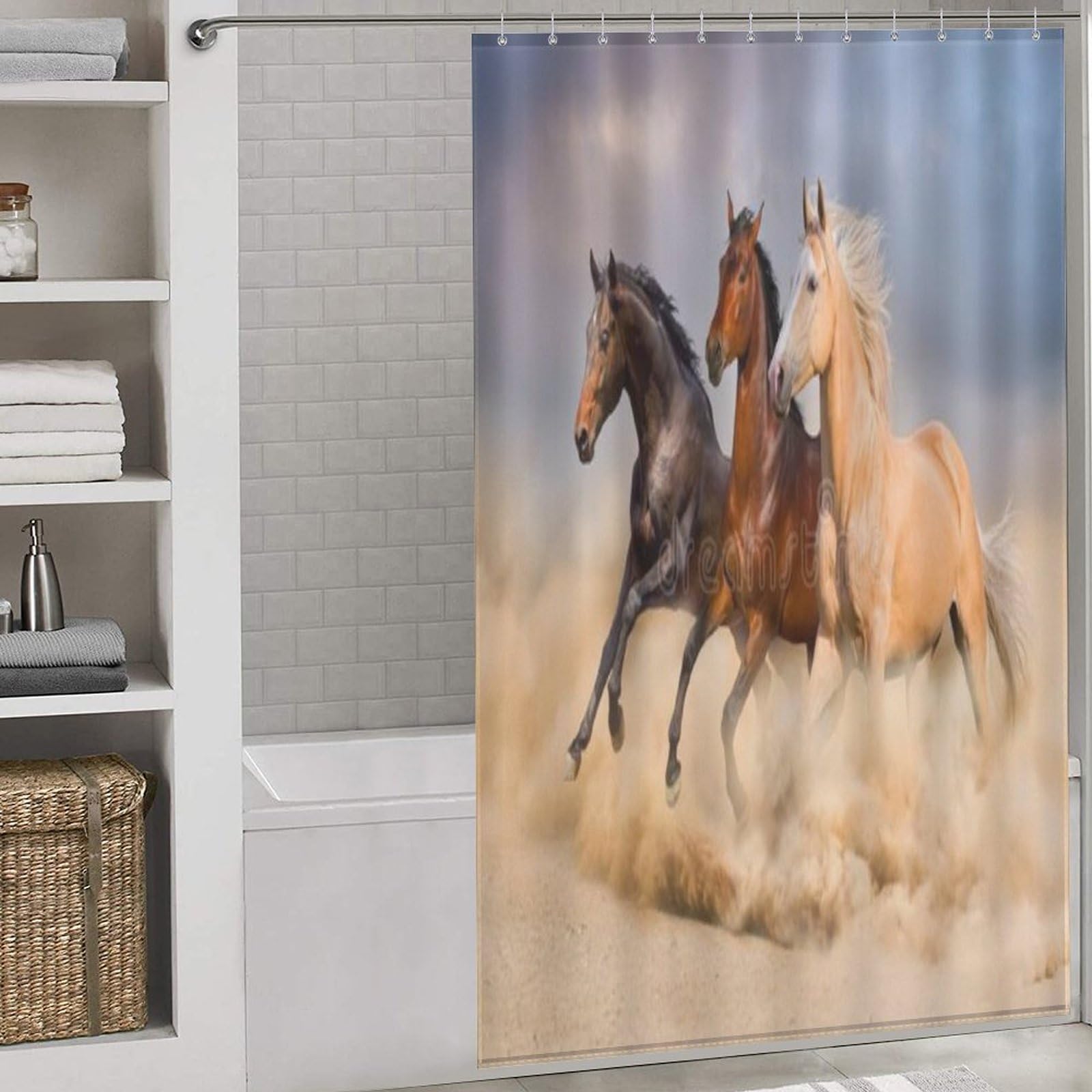 Rideau de douche cheval imperméable en tissu lavable équipé de 12 crochets