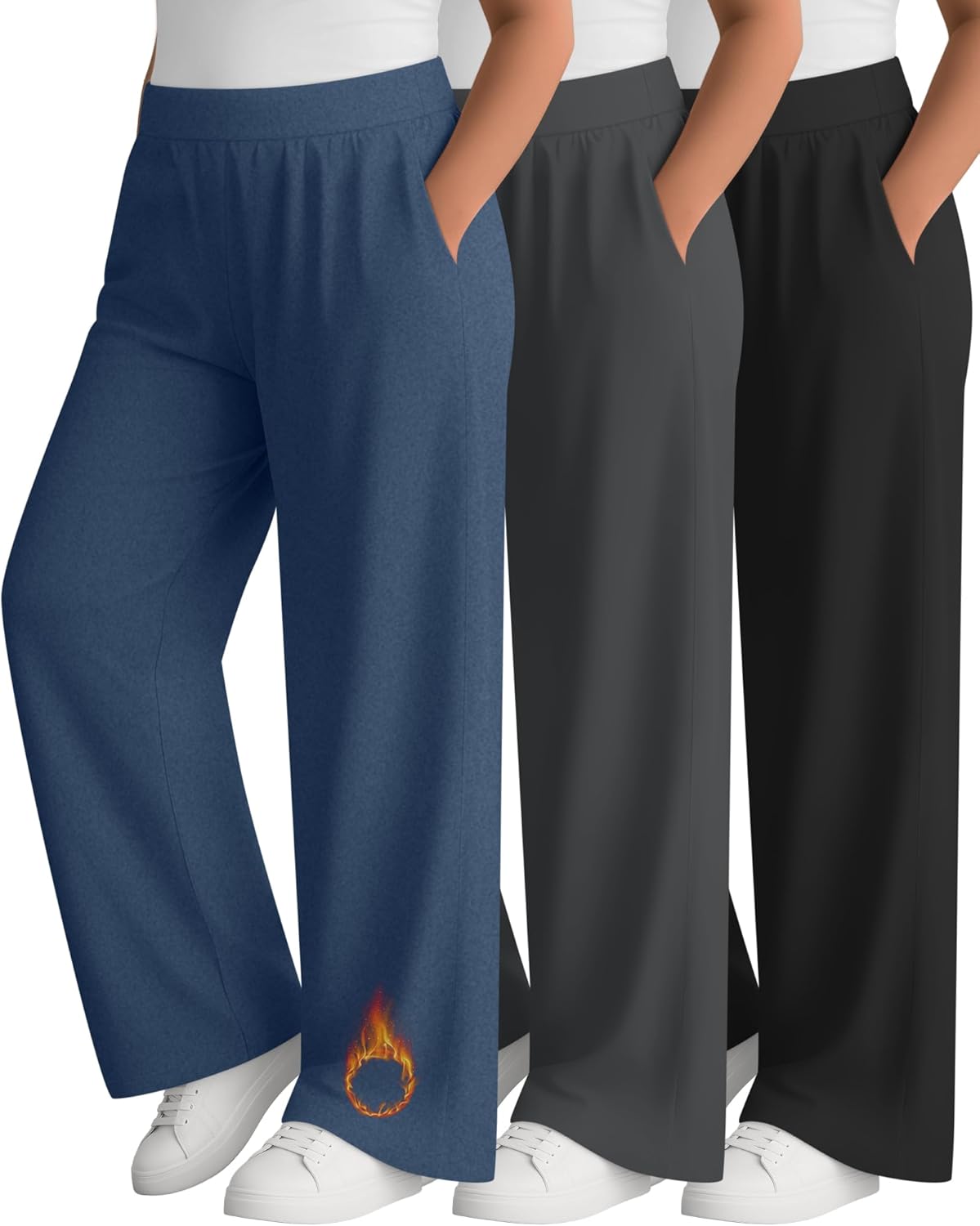 3 Pack Women's Plus Size Fleece Sweatpants Wide Leg Thermal Lounge Pants Pockets Elastic Waist Warm Trouser Jogger