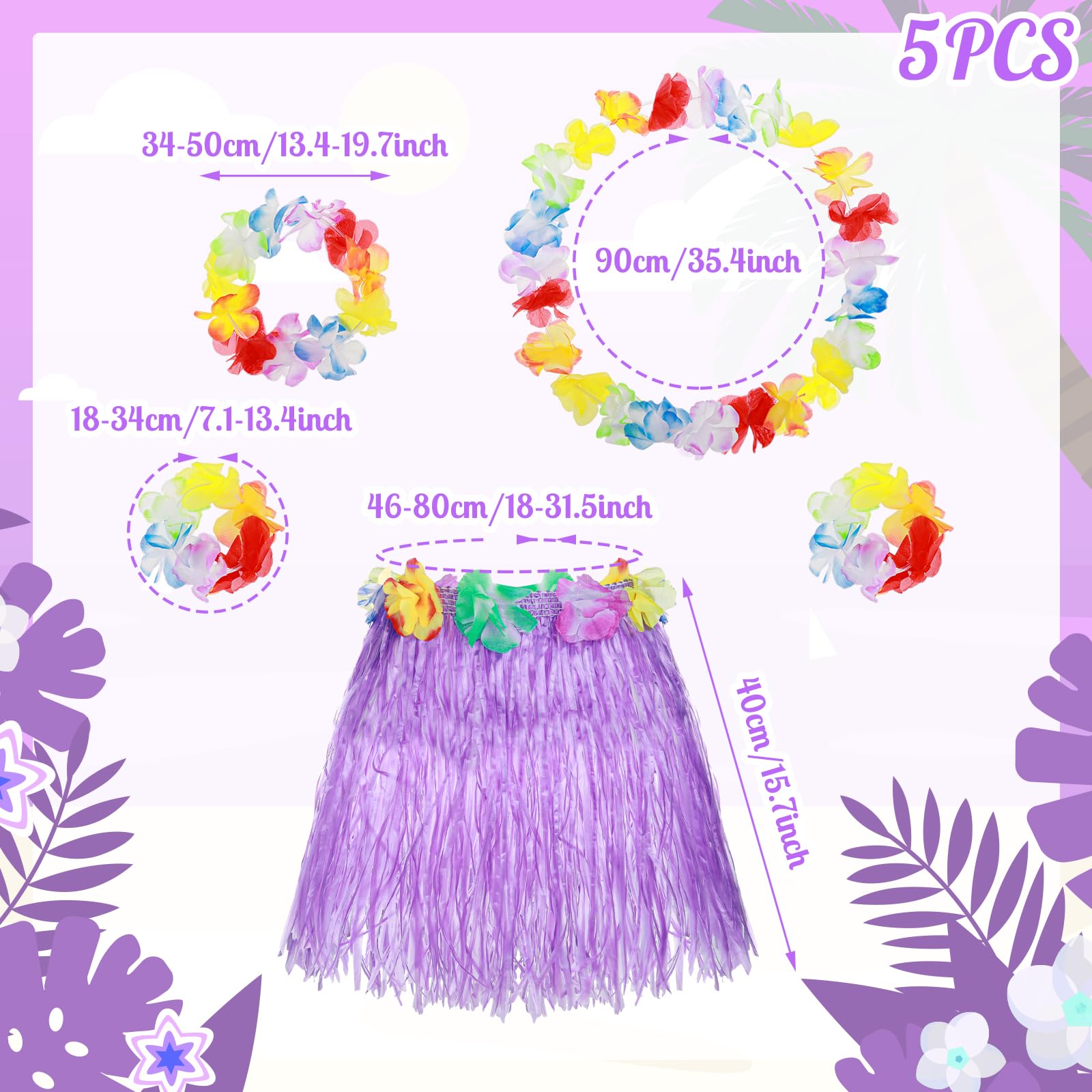 Abeillo 5 Pack Hawaiian Hula Grass Skirt for Girls Hula Dance Skirt with Flower Costume Accessory Hawaiian Hula Party Dress Up for Girls