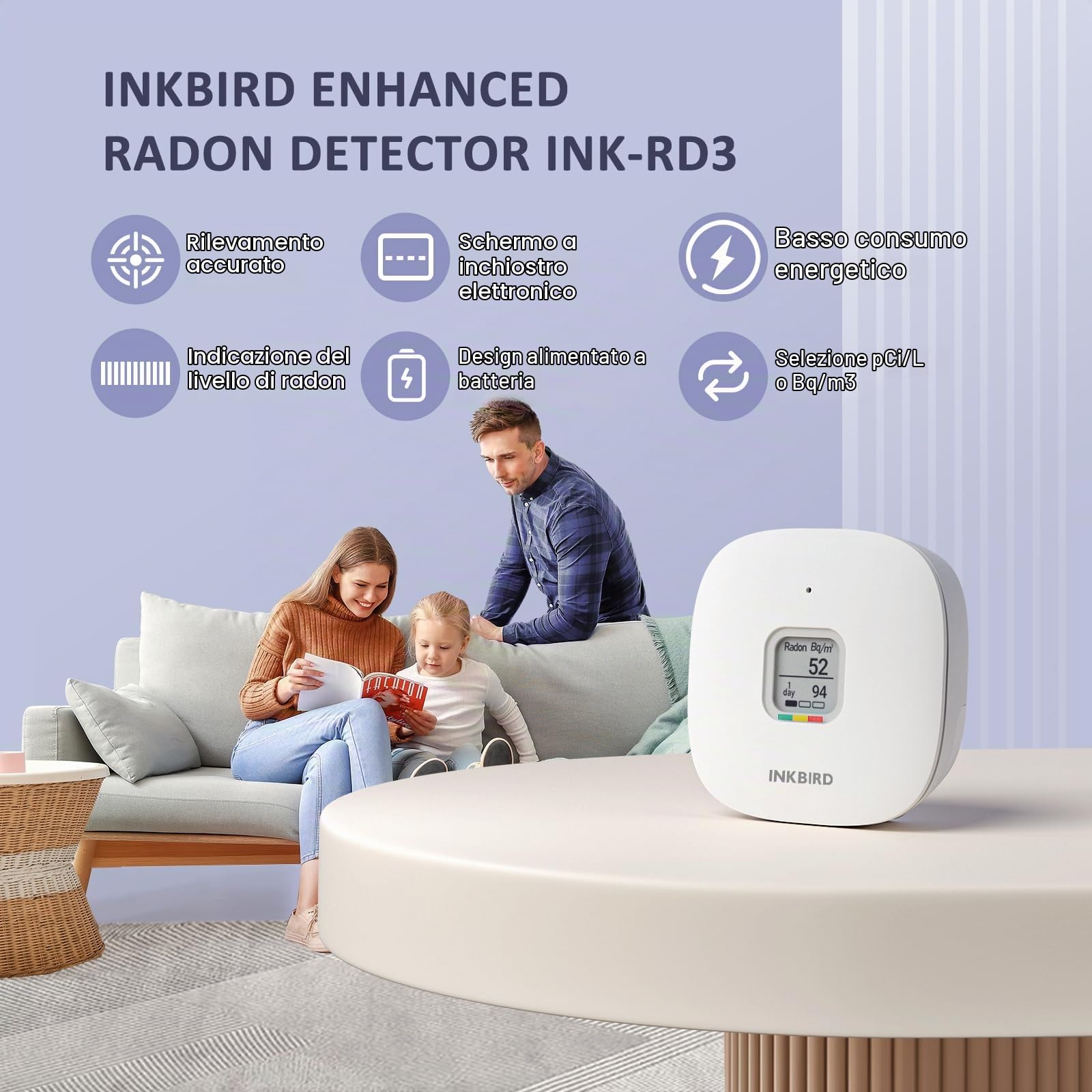 Inkbird Rilevatore di Radon Digitale con Display LCD, RD-3 Monitoraggio di Radon Gas in Tempo Reale,Funzioni di allarme,Misuratore di Radon Portatile per Ambienti Interno/Esterno