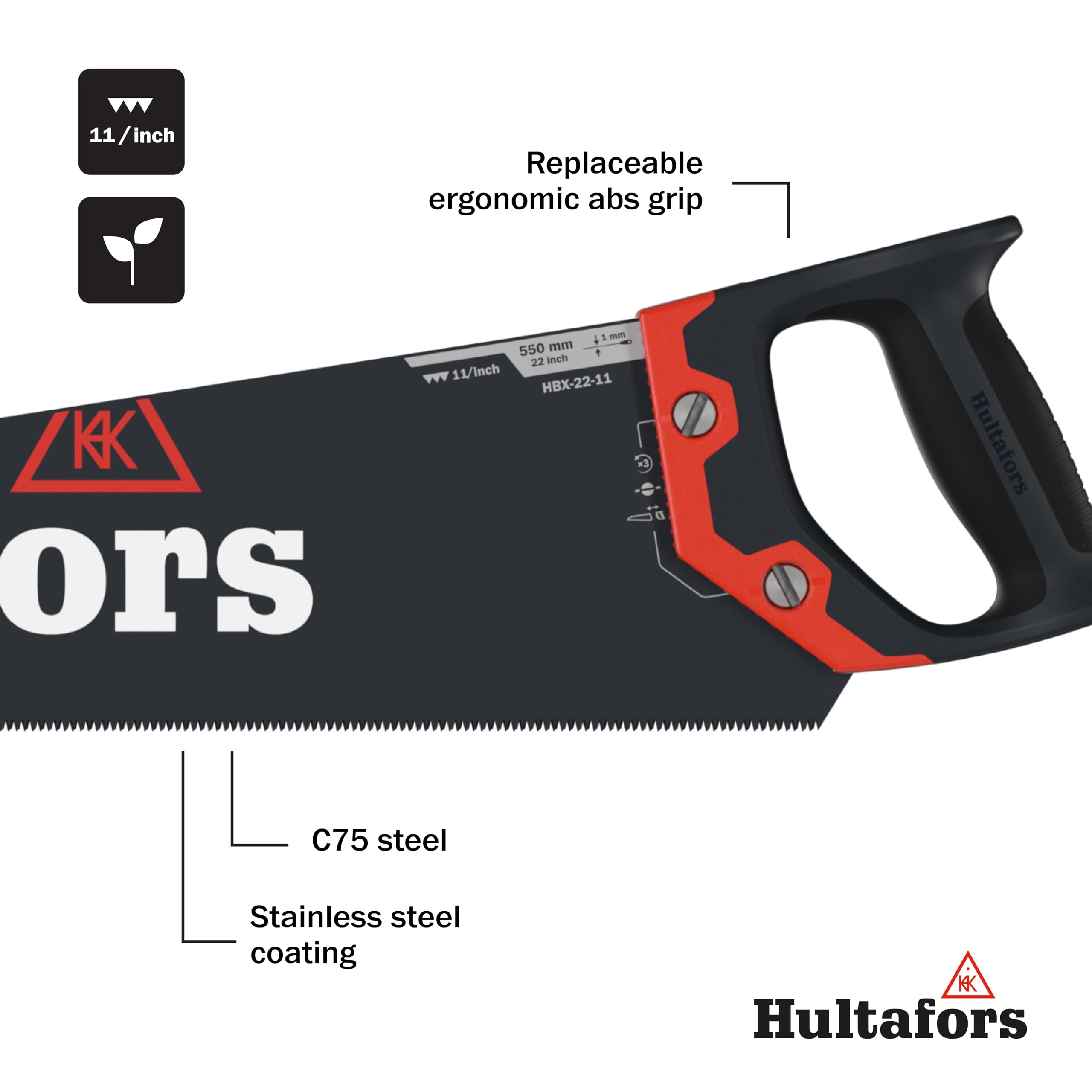 Handsäge 550mm von Hultafors I 11 Zähne pro Zoll I 45° & 90° Markierung I Säge für Holz & Laminat I Mit umweltfreundlicher Wachs-Pulverlackierung & ergonomischem Griff I Inkl. Klingenschutz I 591103