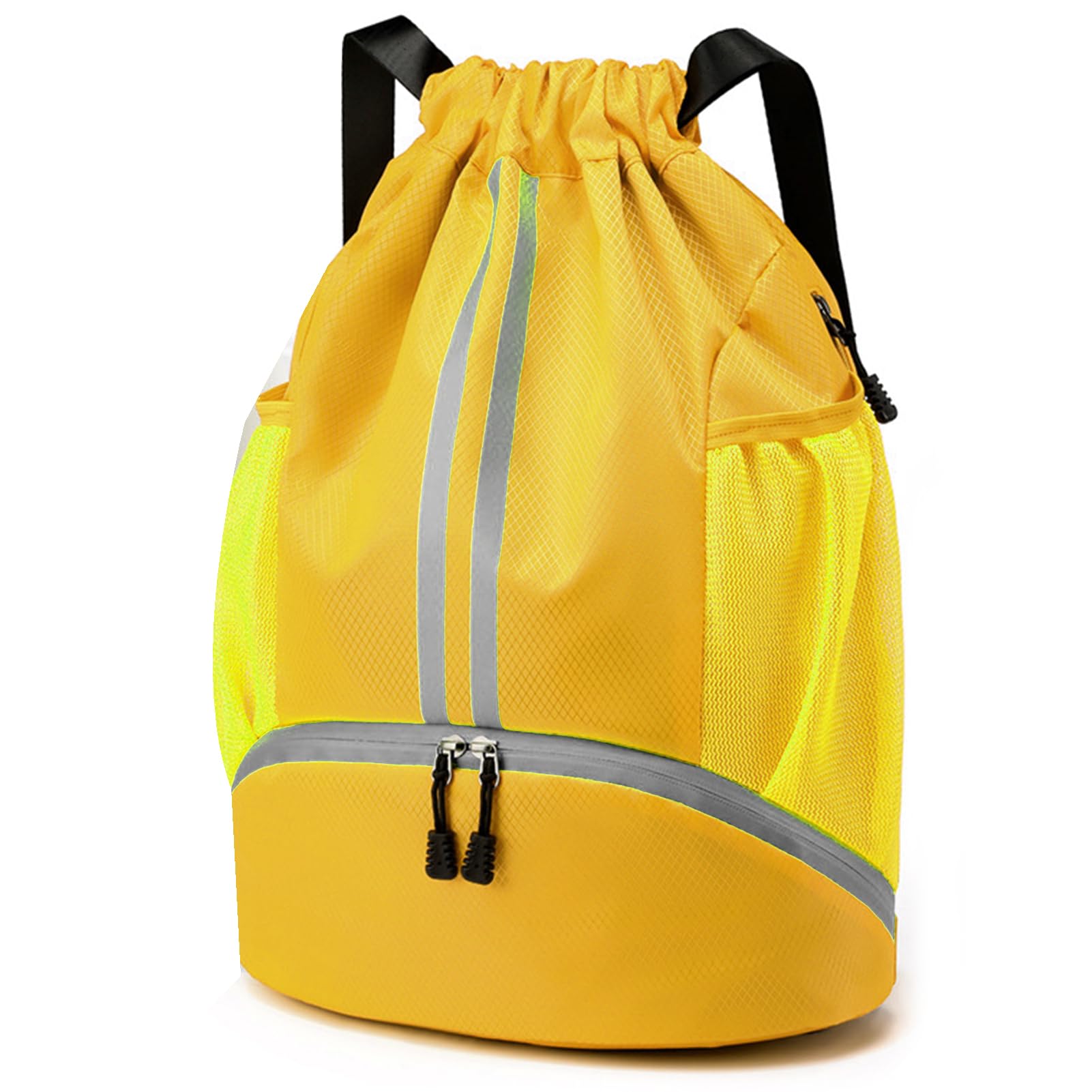 Veki Drawstring Gym Bag Waterproof, Sports Backpack with Shoe Compartment, Large Sport Gym Bag with Dry Wet Separation, Drawstring Backpack with Mesh Pockets for Sports, Swimming, Travel (Yellow)