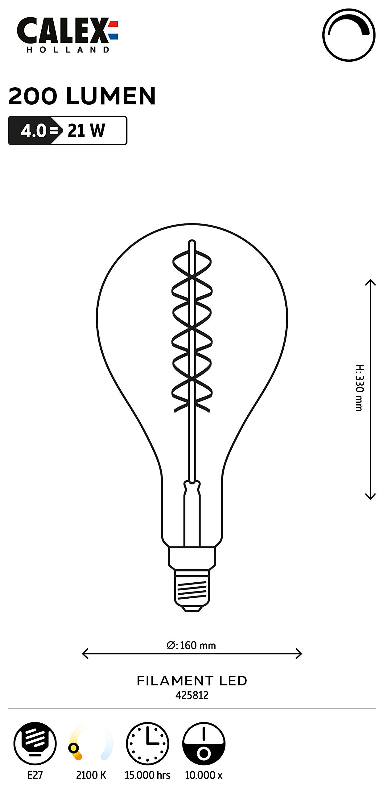 Calex 220 – 240 V 4 W 200 lumenów E27 PS160 2100 K przyciemniana LED pełne szkło Flex Filament Splash lampa złoty