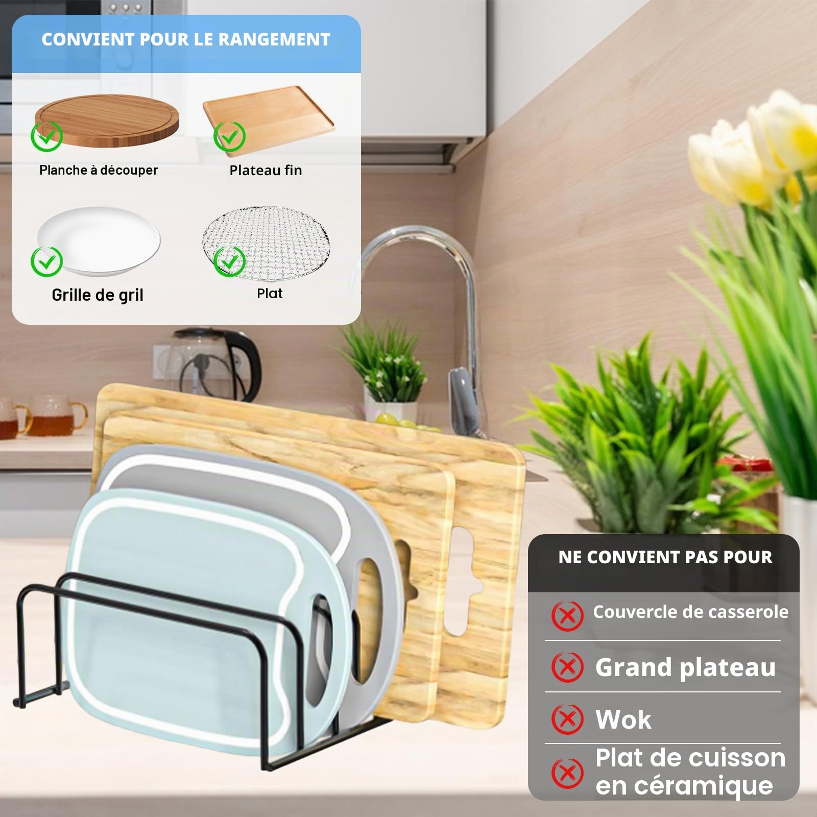 2 Pcs Support Planche à Découper en Acier au Carbone, Porte Planche à Découper avec 5 Fentes, Support pour Planches de Cuisson avec 8 Patins Antidérapants, pour Cuisine Plateau Drainage, Noir