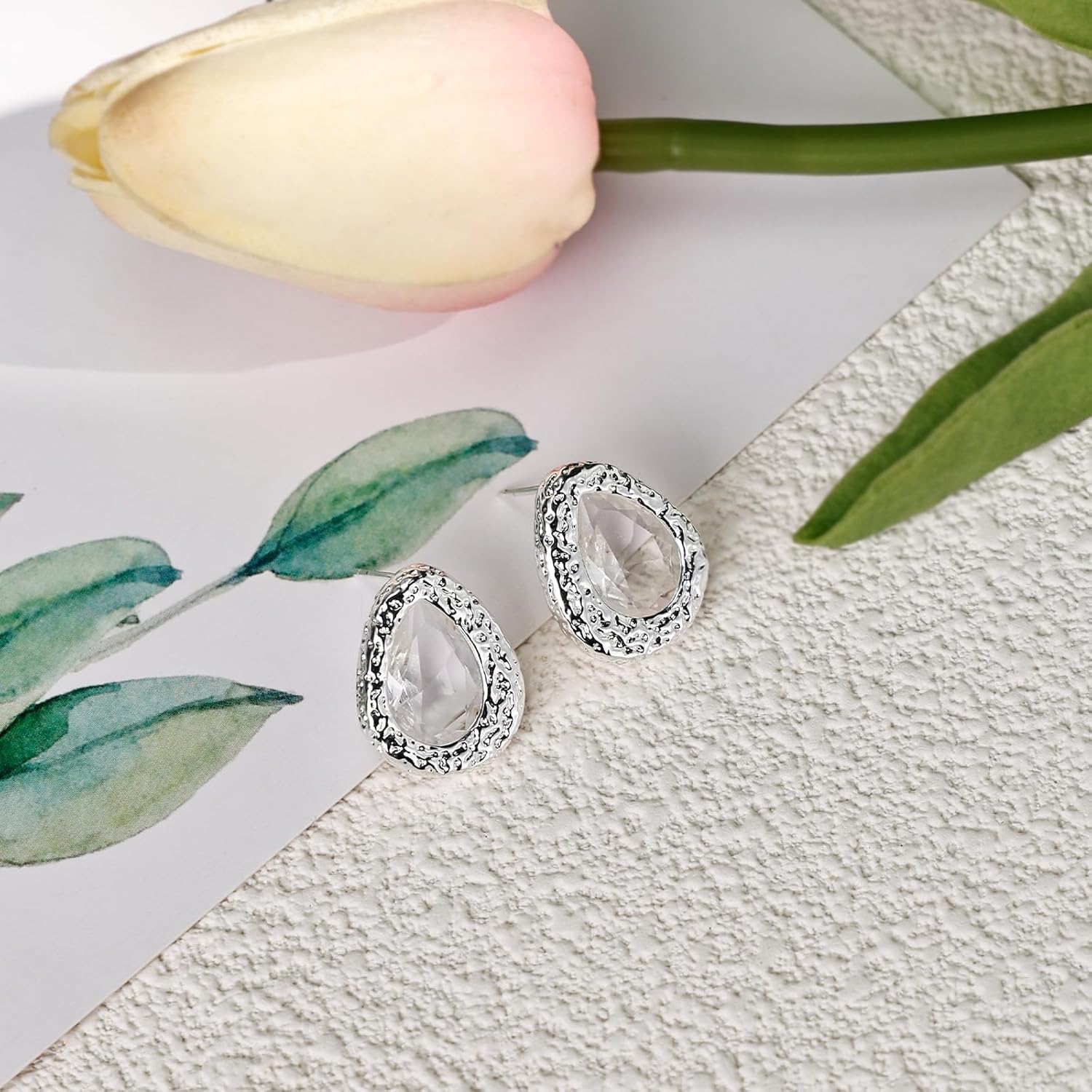 Teardrop Crystal Stud Earrings for Women 925 Sterling Silver Sparkly Hypoallergenic Dainty Hammered Pattern Jewelry Gift - Image 6