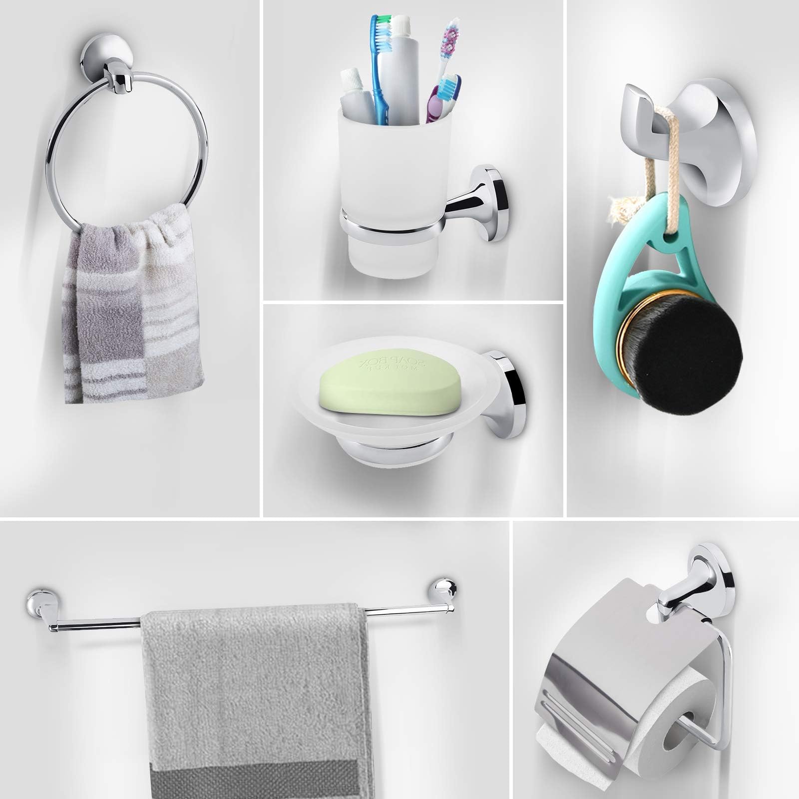 Ejoyous Juego de baño de 6 Piezas: toallero, portarrollos, jabonera, Gancho y portacepillos de Dientes, Zinc Cromado + Vidrio Esmerilado, Moderno, Plateado