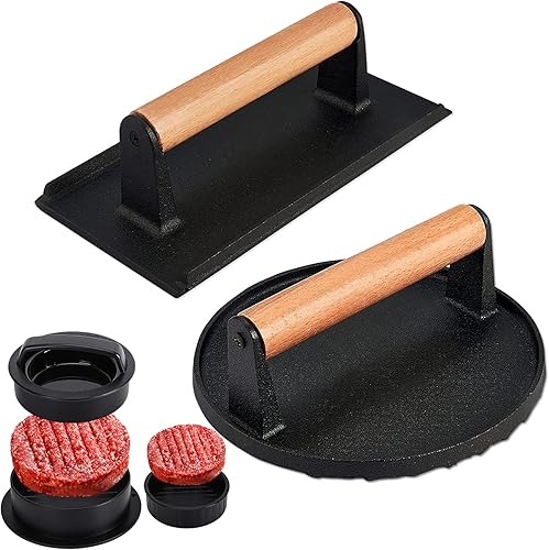 HSUJCYF Kit de prensa de hamburguesas Smash, prensa de carne redonda y rectangular para parrilla, prensa de parrilla de hierro fundido con mango de