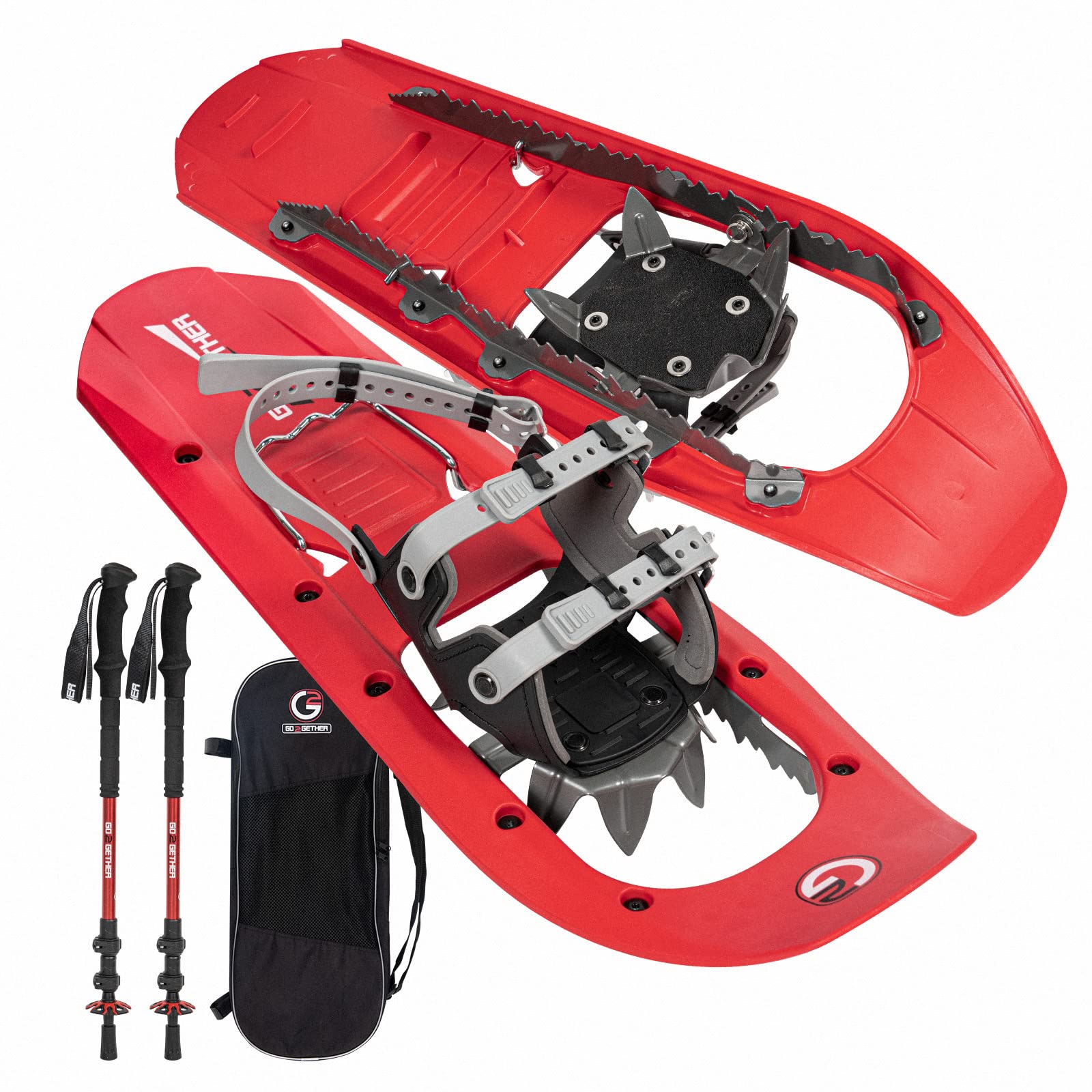 G2 23 Inch Mountain Terrain Snowshoes with Trekking Poles Set, Improved Extended Crampon, EVA Foam Padded, Flexible Pivot Bar, Tote Bag, Red