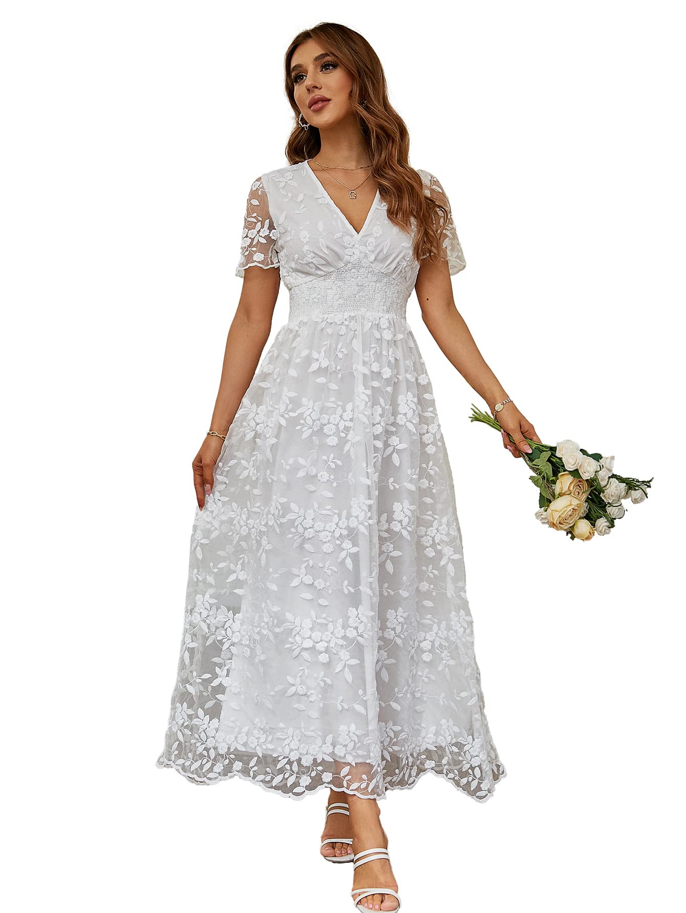 Simplee Women's Floral V Neck Maxi Dress Short Sleeve Long Flowy Semi Formal Bridesmaid Wedding Dress