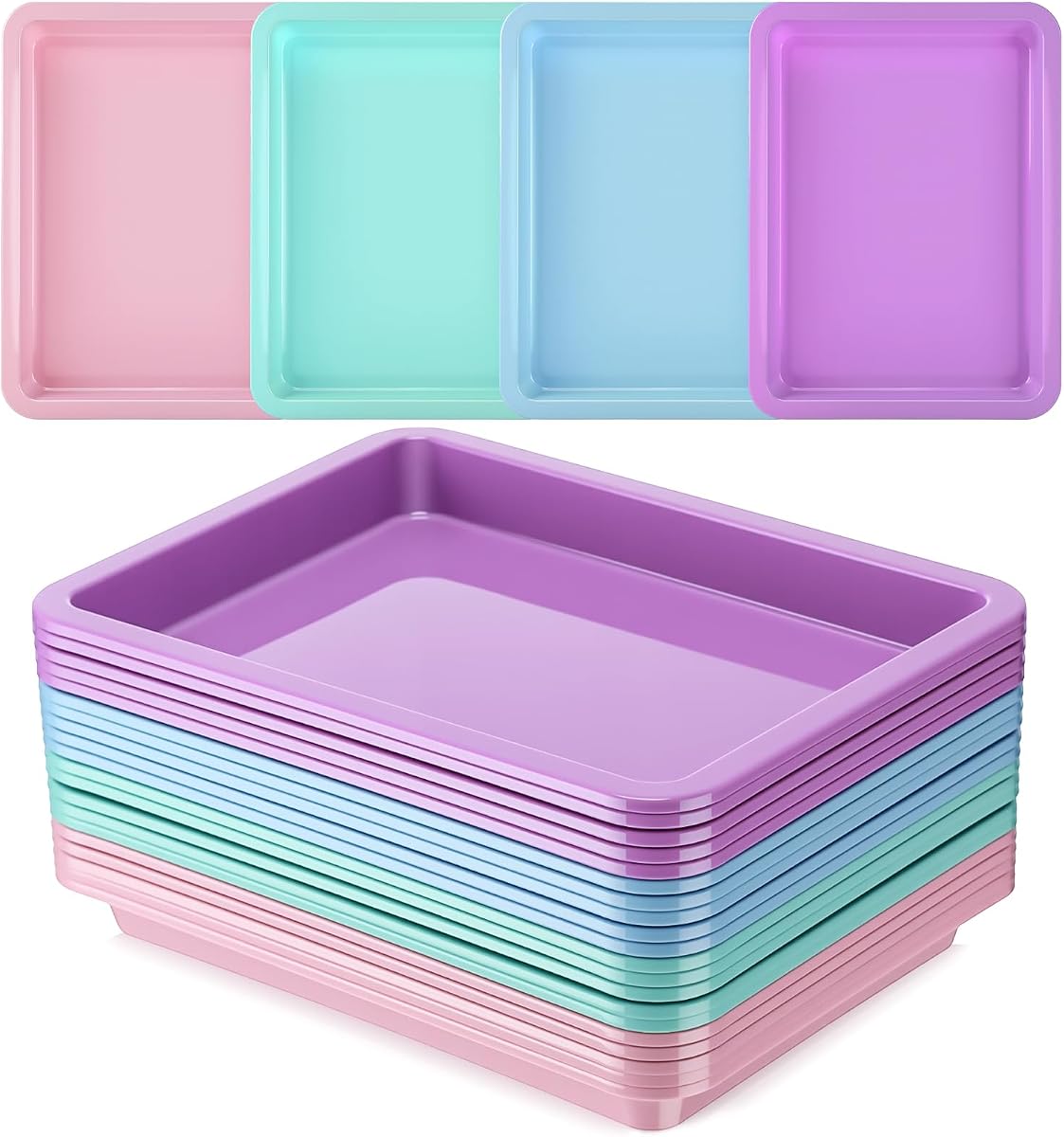 20 bandejas pequeñas de plástico para arena artística, multicolor, color fresco | Bandeja sensorial de actividad apilable, organizador de manualidades para mezclar pintura, accesorios para servir pintura DIY, 9,65 x 7,28 x 0,9 pulgadas