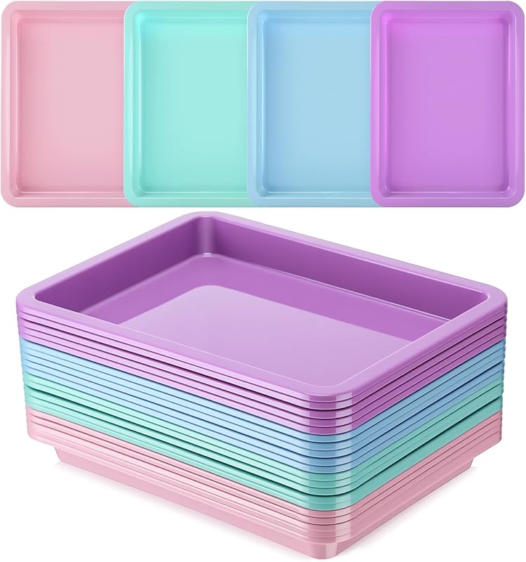 20 bandejas pequeñas de plástico para arena artística, multicolor, color fresco | Bandeja sensorial de actividad apilable, organizador de manualidades para mezclar pintura, accesorios para servir pintura DIY, 9,65 x 7,28 x 0,9 pulgadas