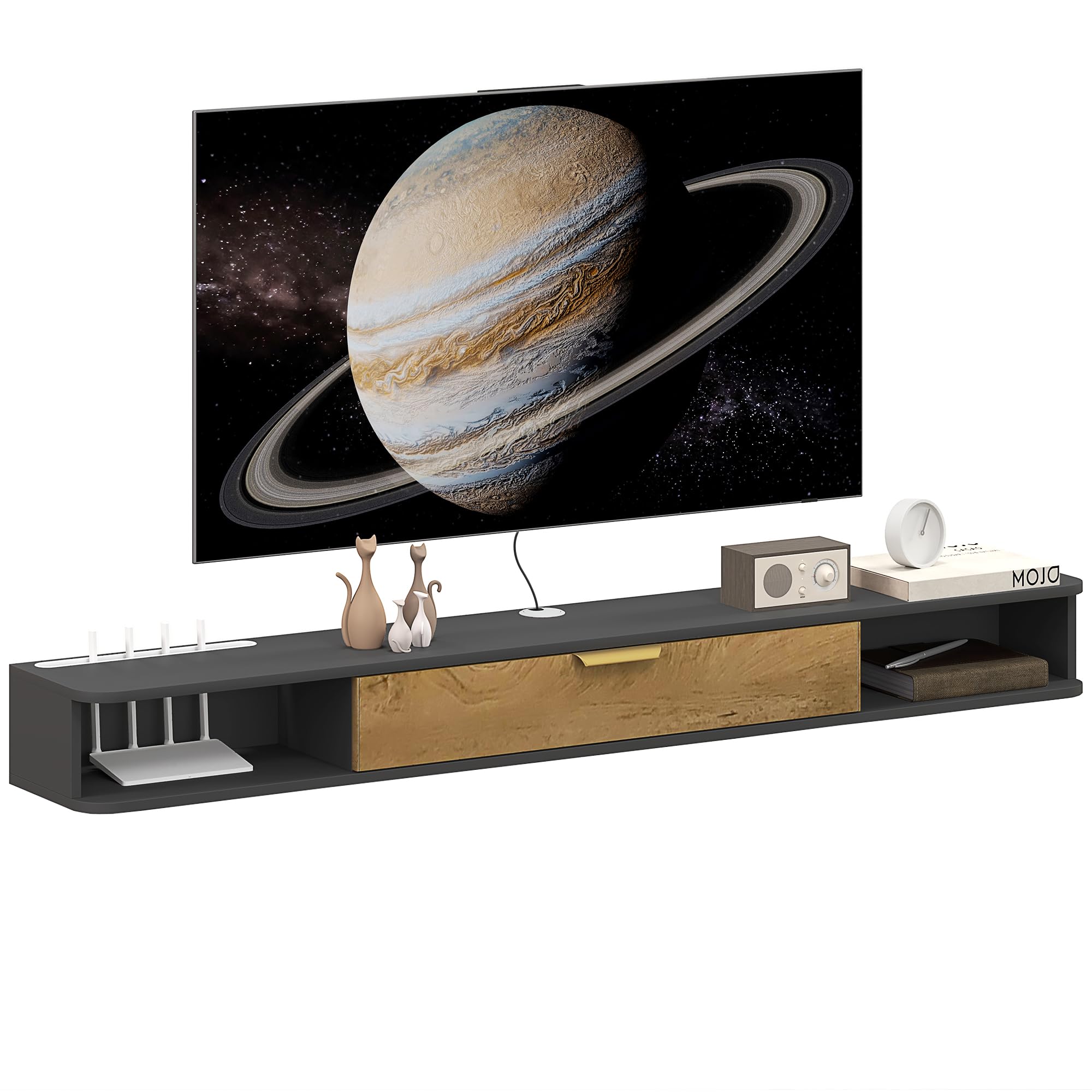 HOMCOM Soporte TV de Pared con Puerta abatible, 160x24x16cm, Gris | Soporte TV de madera, Banco TV de pared, compartimentos abiertos, gestión de cables, para salón dormitorio