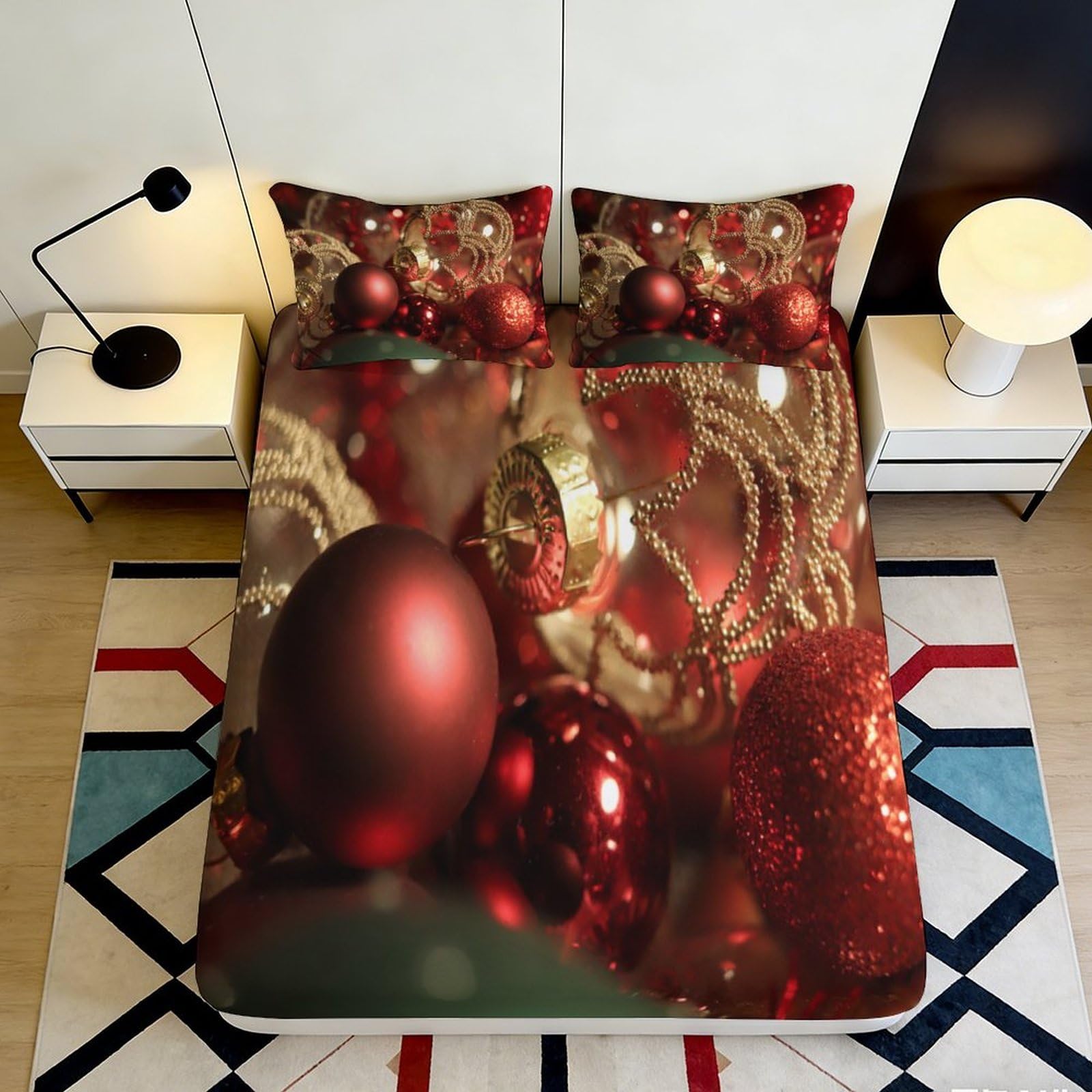 3D Printed Christmas Ornaments Fitted Sheet Microfiber Red Bauble Bed Cover Non Slip Washable for Bedroom Guestroom Decor 90x200x25cm