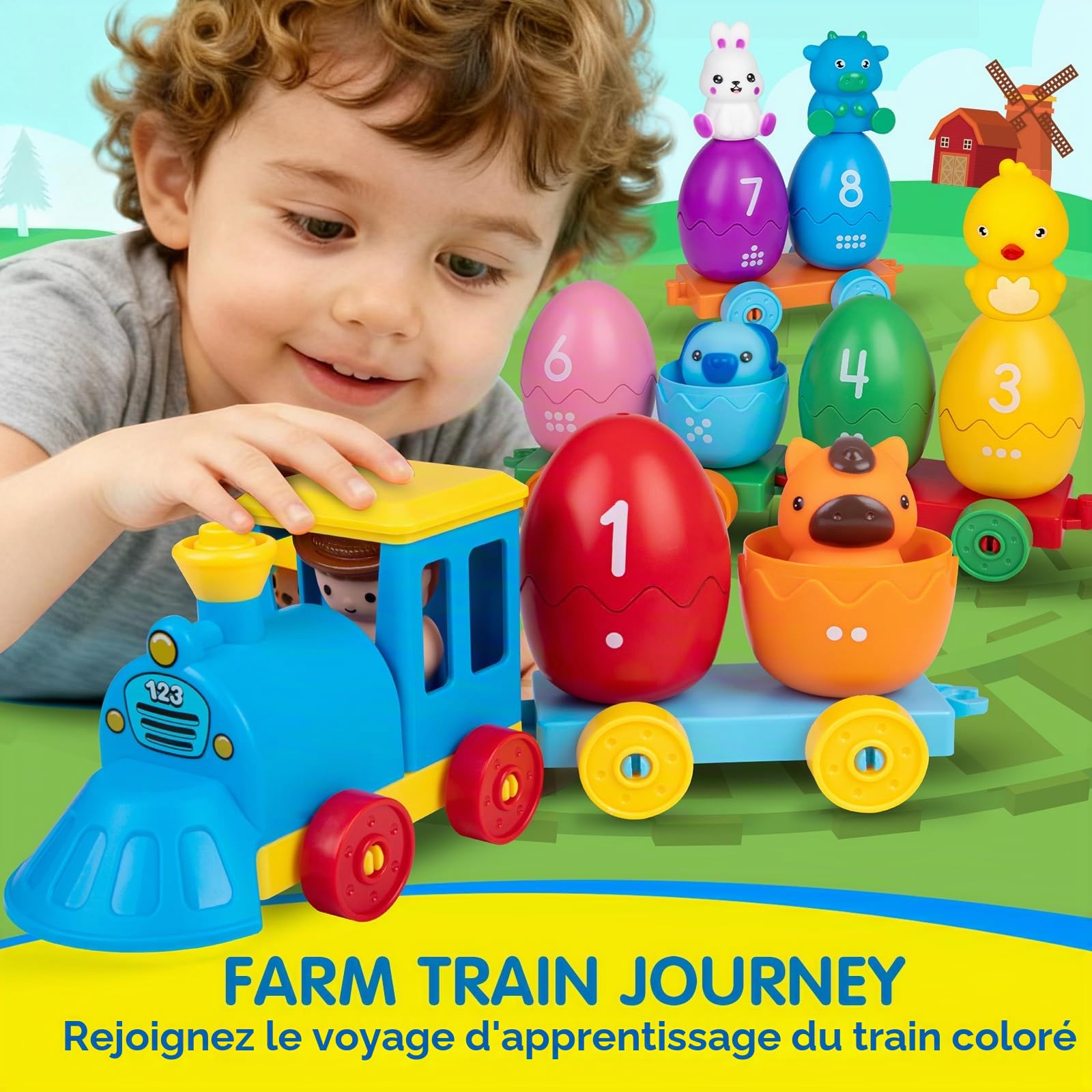 Quanquer Train de la Ferme, Jouet éducatif Montessori pour Tout-Petits, Apprentissage du comptage et du tri, idéal pour Les activités préscolaires et Cadeau 1–3 Ans.
