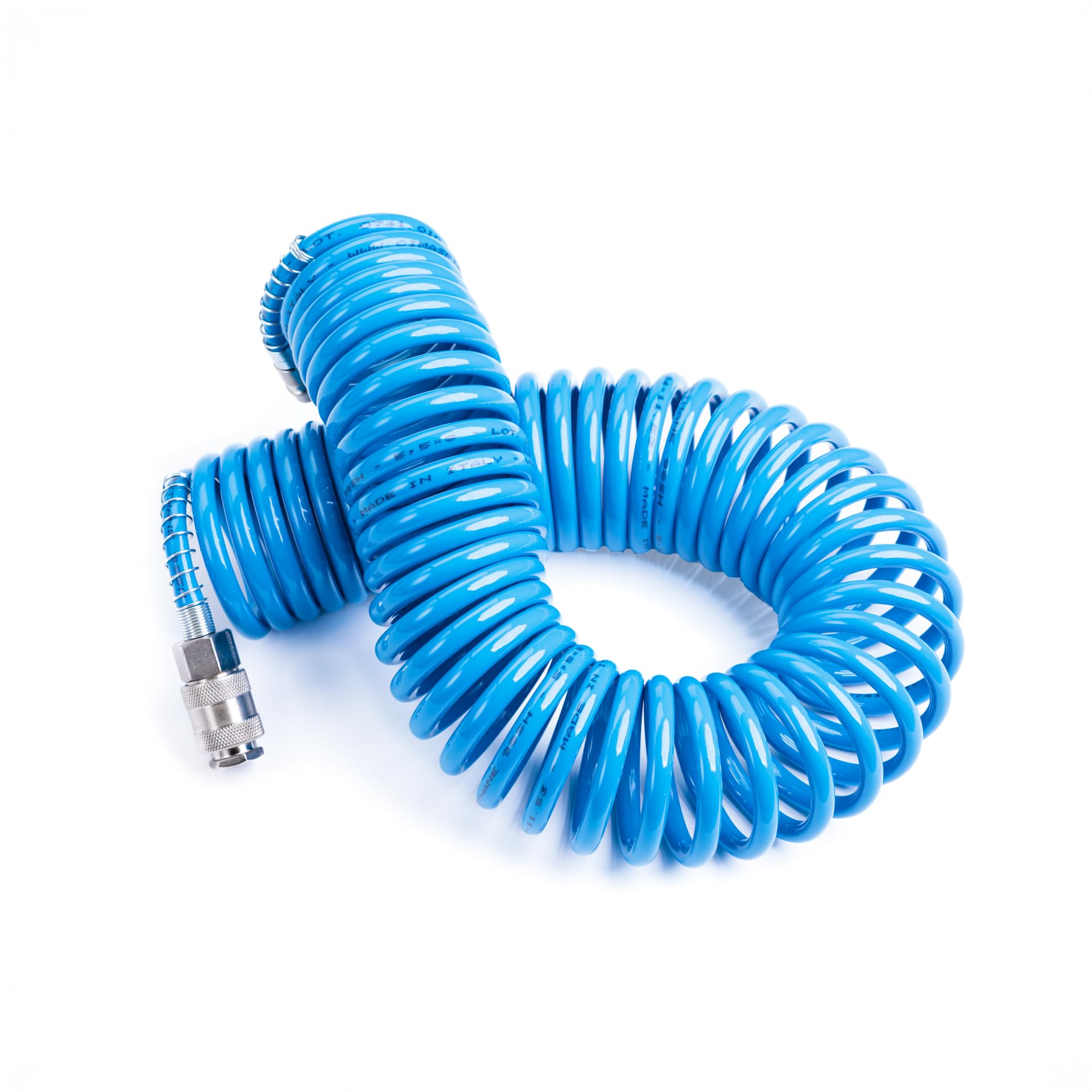 Tubo a spirale per aria compressa in PU poliuretano Ø 5,5 x 8 mm lunghezza 5 mt completo di raccordi ad attacco rapido universale. 100% Made in Italy