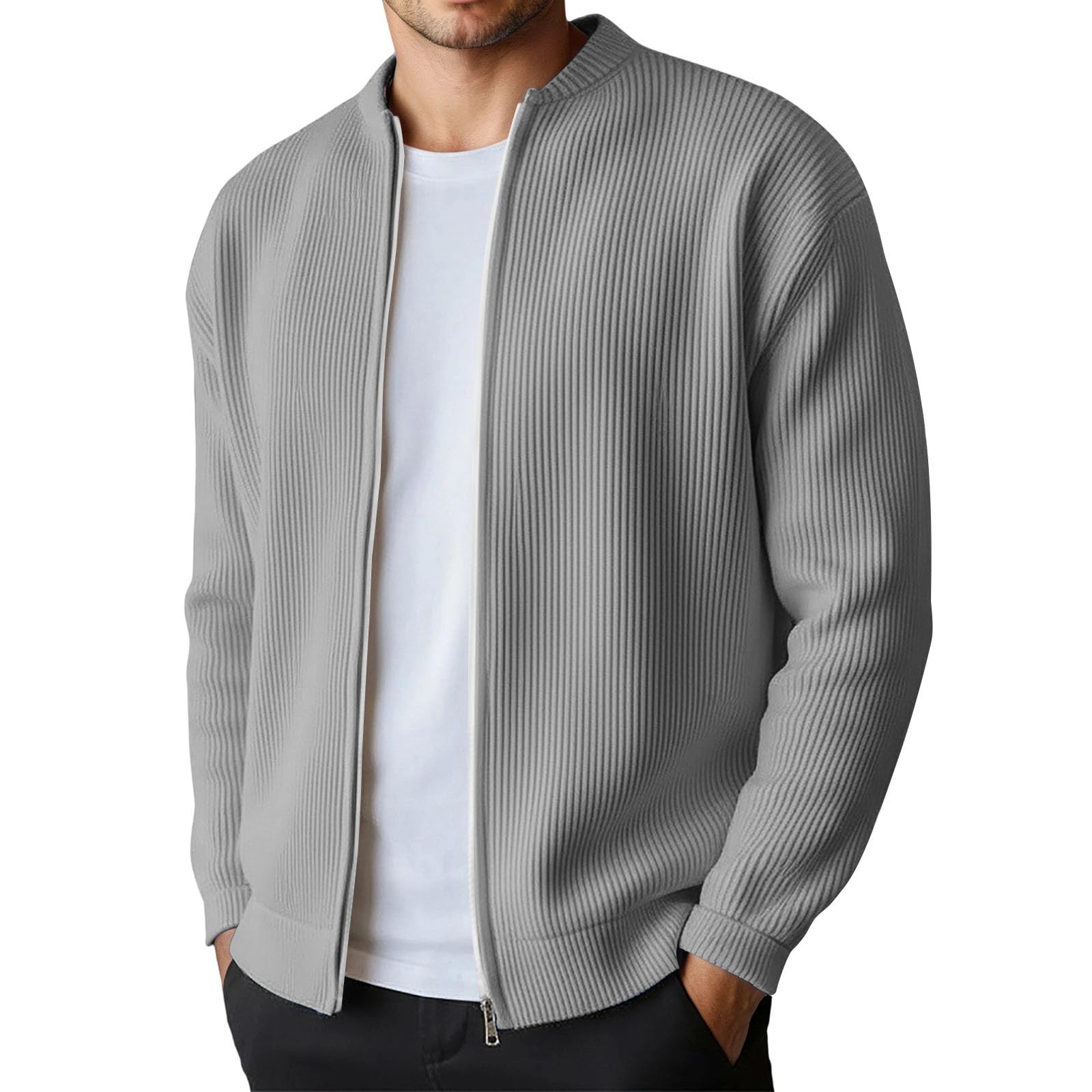 Cardigan pour homme avec fermeture éclair - Pull sans capuche - Motif torsadé - Veste décontractée en tricot côtelé - Manches longues - Manteau en tricot uni