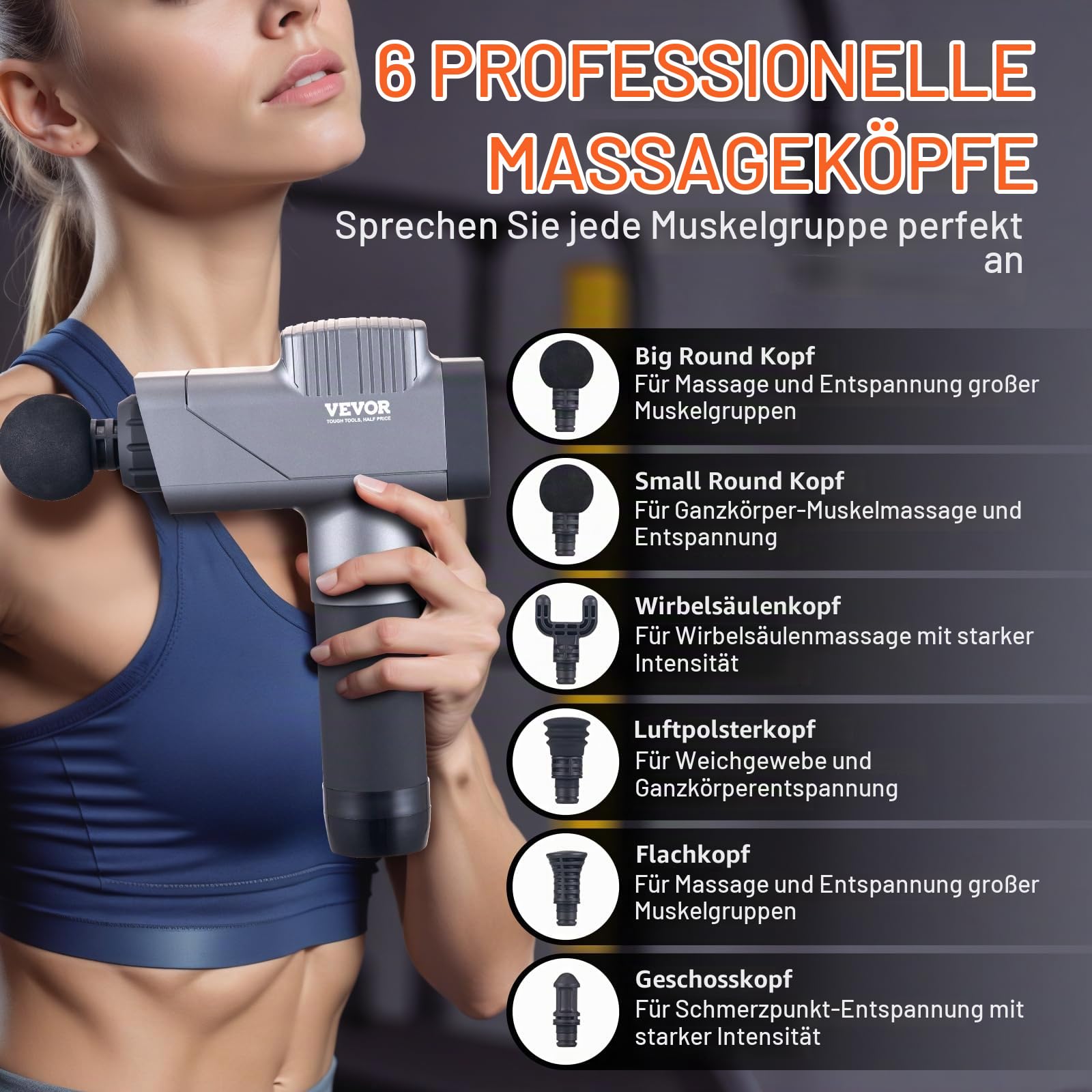 VEVOR Massagepistole, Massagegerät für Sportler – mit 8 Geschwindigkeitsstufen und 6 Massageköpfen, 35 W 2500 mAh Akkus, elektrische Massagepistole zur Schmerzlinderung und Muskelentspannung